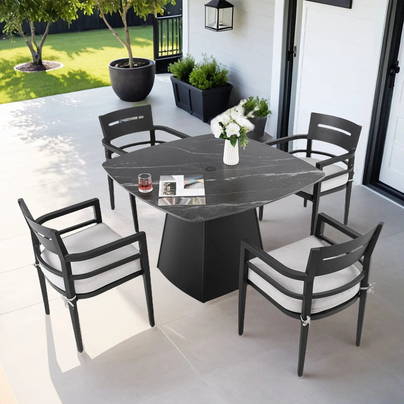 Outdoor Patio Dining Set, Squircle Dining Table, Dining Chairs With Sunbrella Cushions by Unique Piece Furniture
