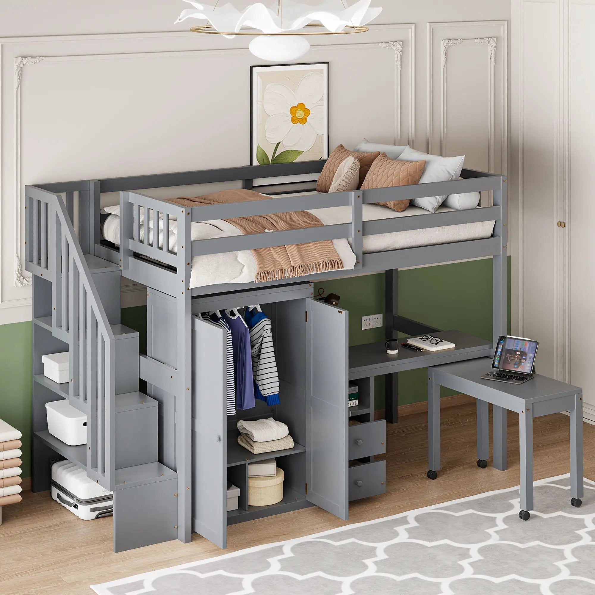 Loft Bed With Stairs, Bookshelf, Drawers, Desk & Wardrobe, Space Saving Multifunctional Furniture by HouseOfZazla