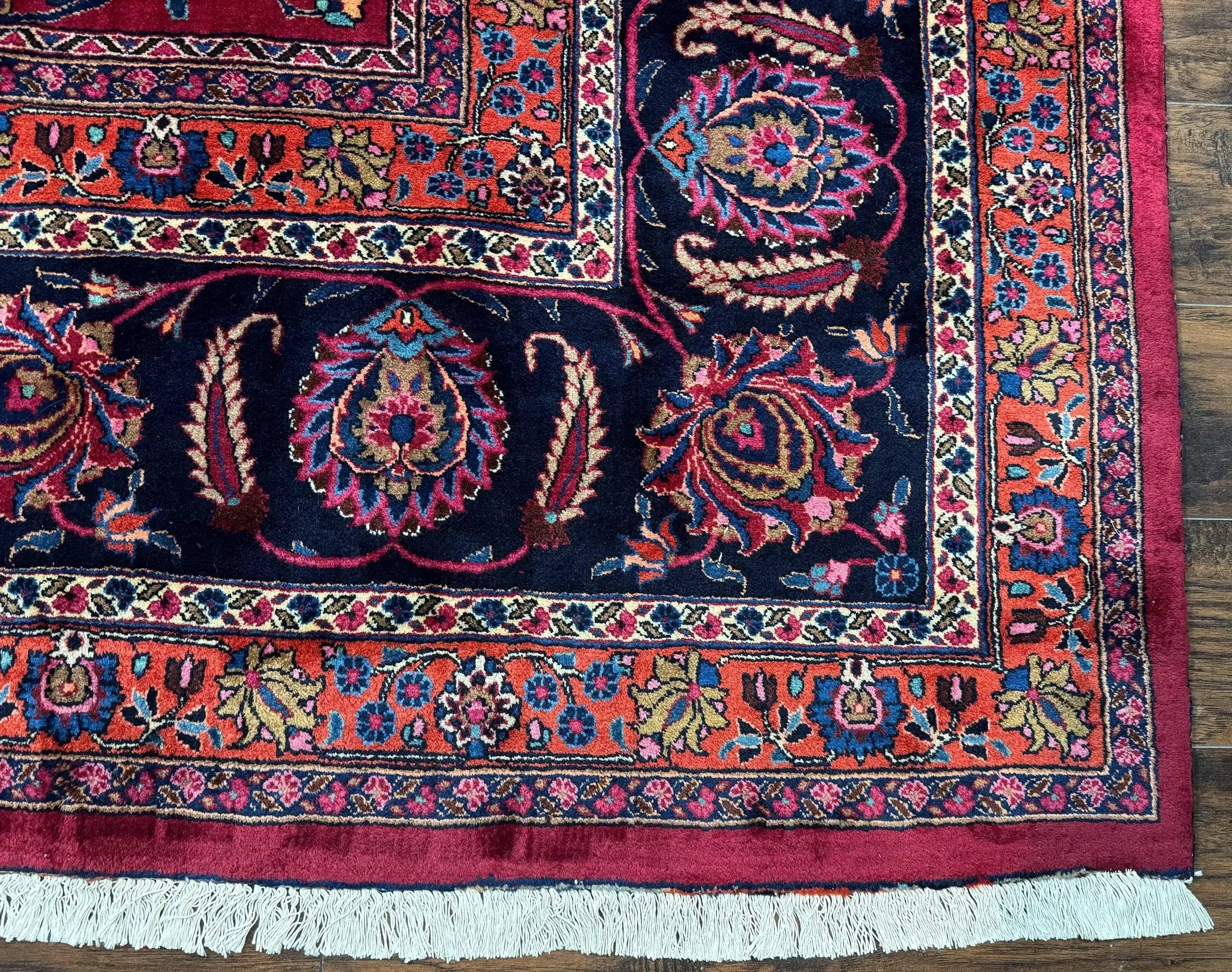 Palace Size Persian Mashad Rug 12x16, Raspberry and Navy Blue, Signature from Master Weaver, Antique Handmade Large Wool Carpet by Jewel Rugs