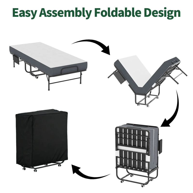 Twin Folding Bed With Memory Foam Mattress, On Wheels, Portable Bed For Adults & Guests - Black by Unique Piece Furniture