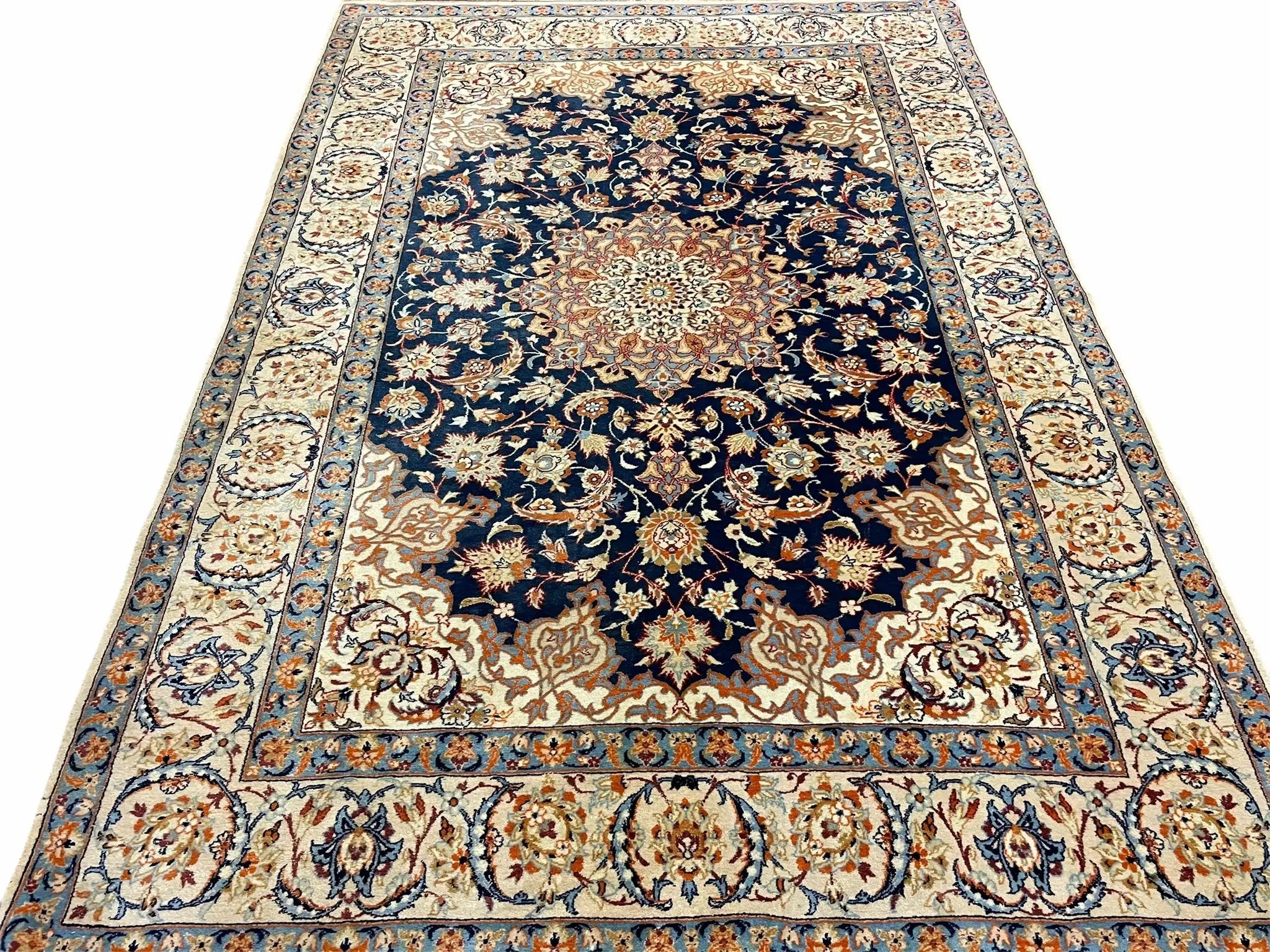 Persian Isfahan Rug 4x5, Navy Blue & Ivory, Wool and Silk Highlights by Jewel Rugs