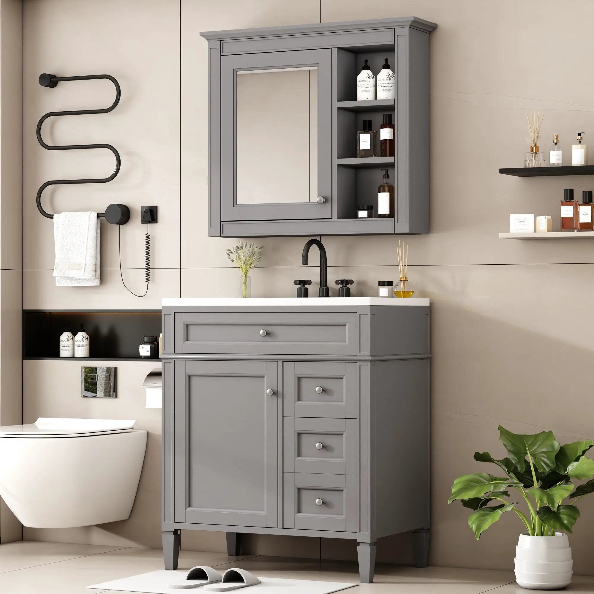 Bathroom Vanity With Top Sink, Freestanding Storage Cabinet With 2 Doors And 3 Drawers, Mirror Cabinet Included - Gray by Unique Piece Furniture