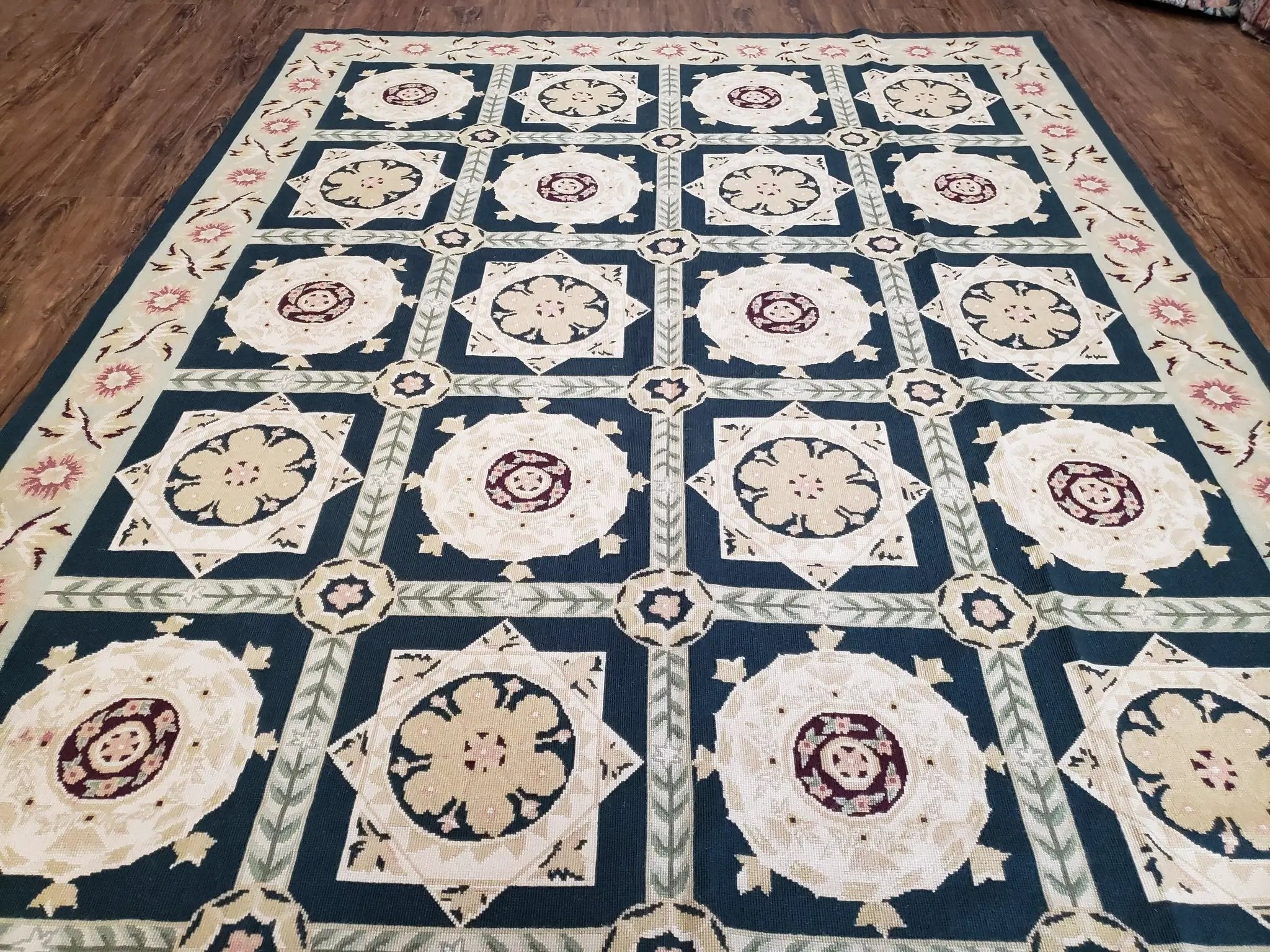 Vintage Chinese Needlepoint Rug 6x9, Panel Design Area Rug Wool Hand-Woven Black & Ivory Carpet Flat Weave Bedroom Rug 6 x 9 Living Room Rug by Jewel Rugs