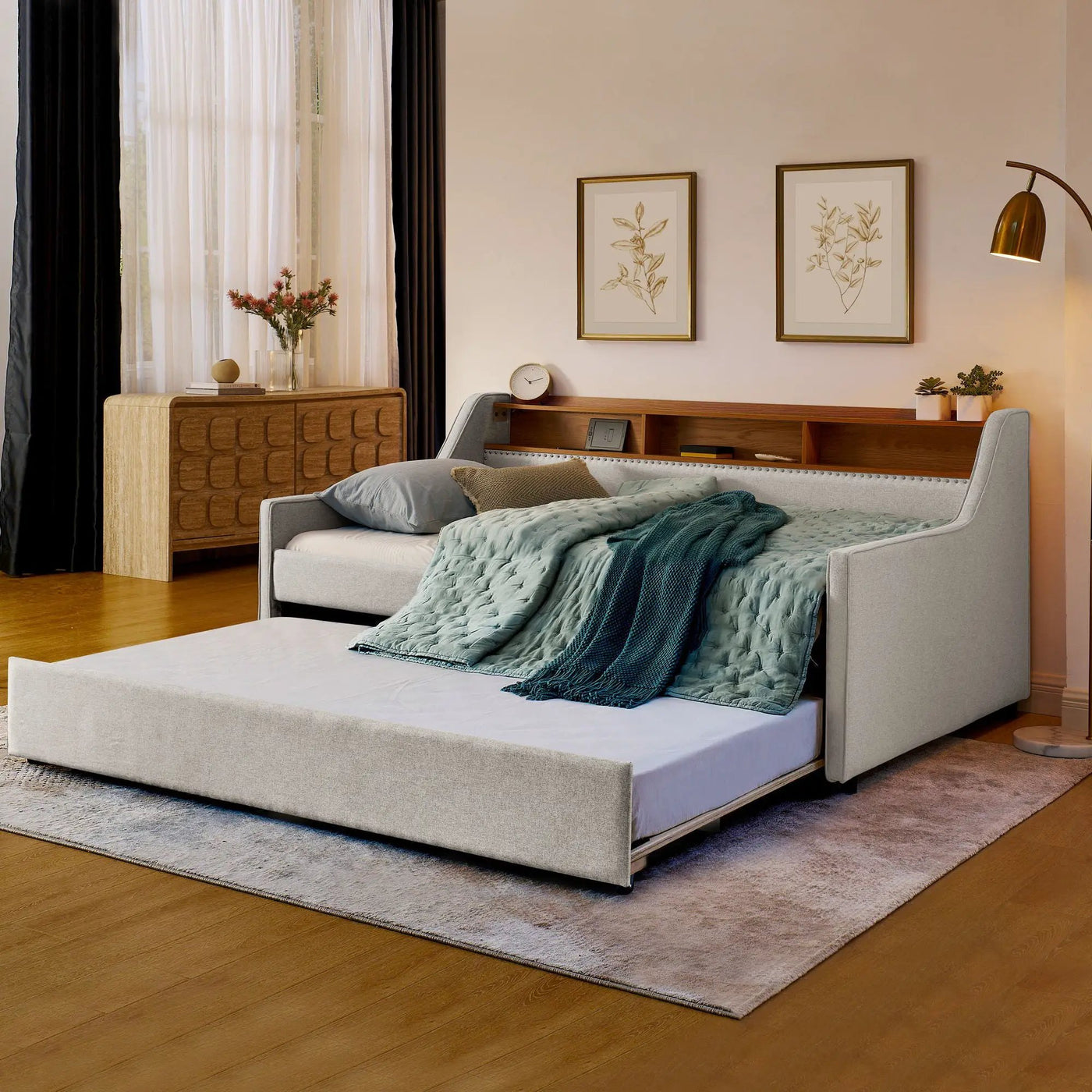 Upholstered Sofa Bed With LED Lights, Storage Headboard, Foldable Trundle & Wireless Charging by Unique Piece Furniture
