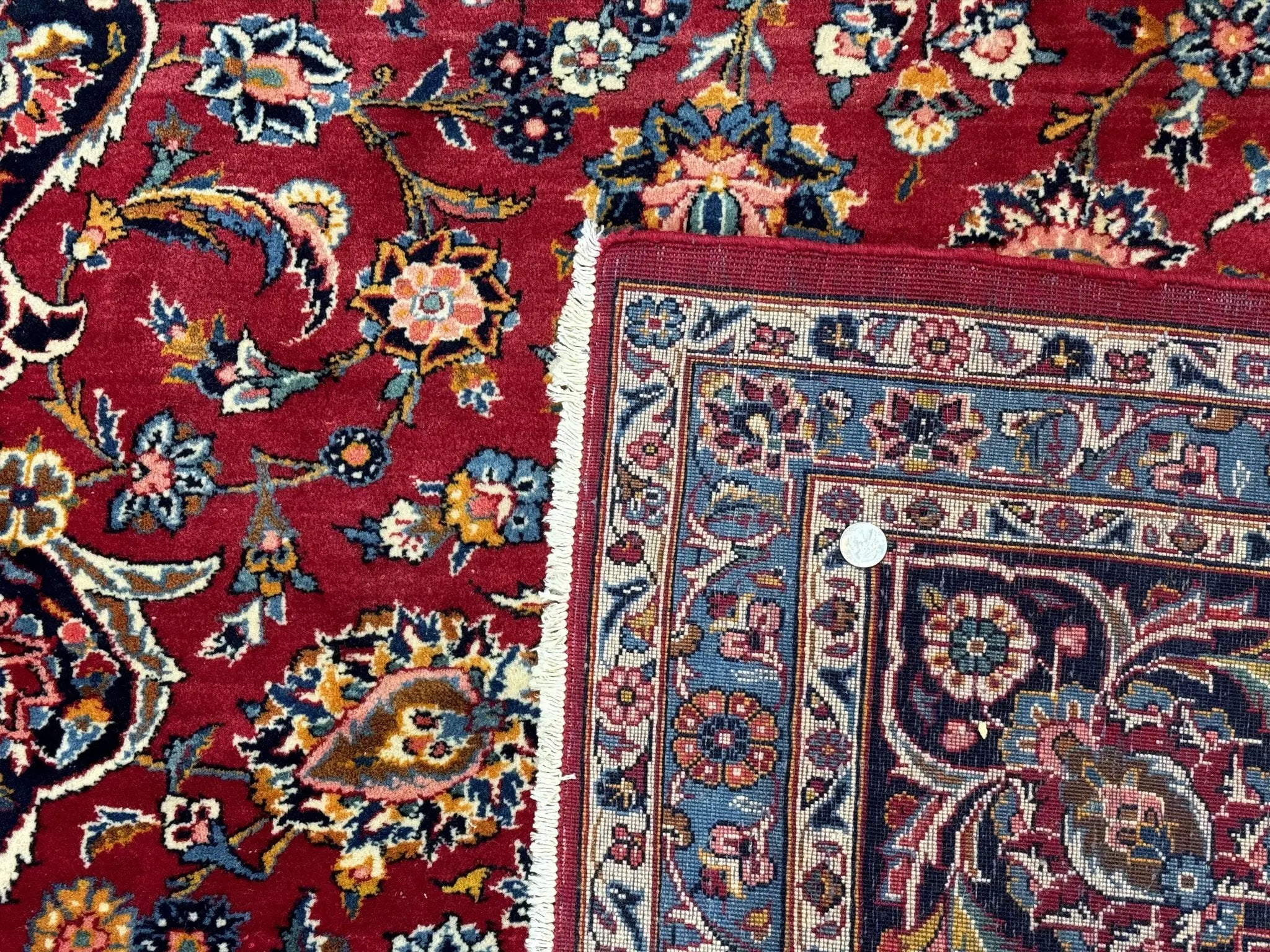Large Persian Kashan Rug 11x14, Traditional Persian Carpet, Wool, Fine 250 KPSI, Red Navy Blue by Jewel Rugs