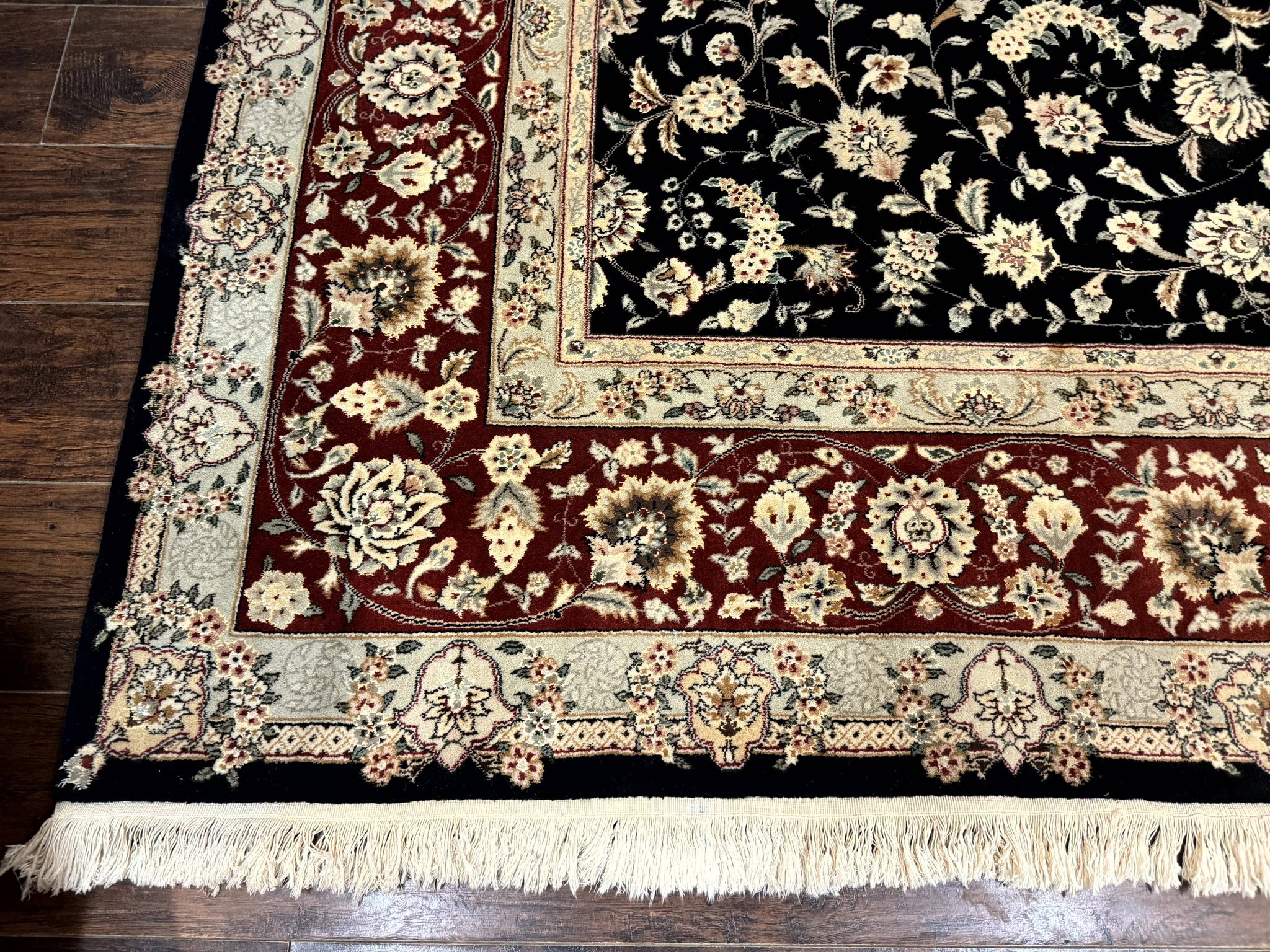 Sino Persian Rug 9x12, Fine Elegant Oriental Carpet 200 KPSI, Black and Dark Red, Allover Floral by Jewel Rugs