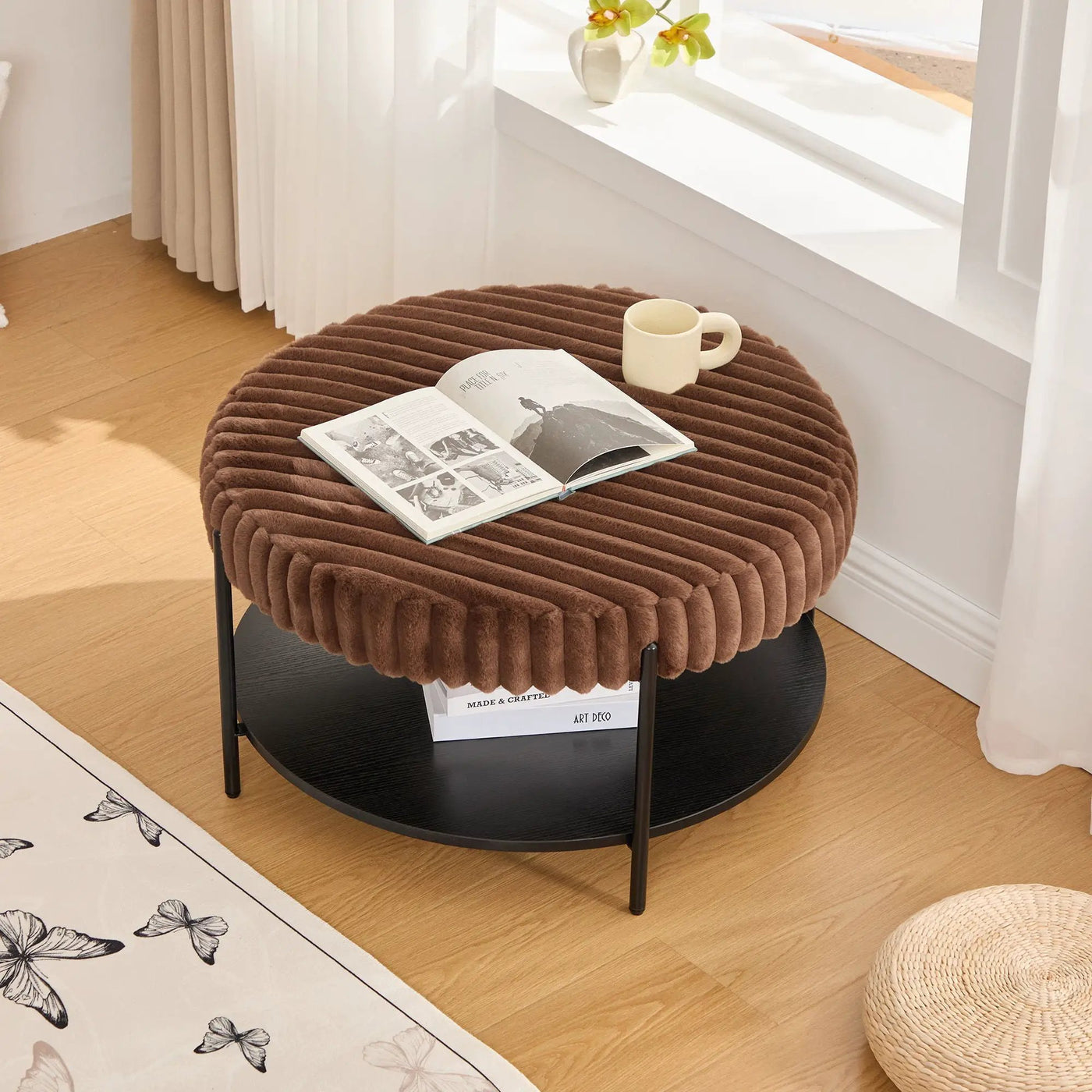Modern Upholstered Round Ottoman Coffee Table With Storage Shelf by Unique Piece Furniture