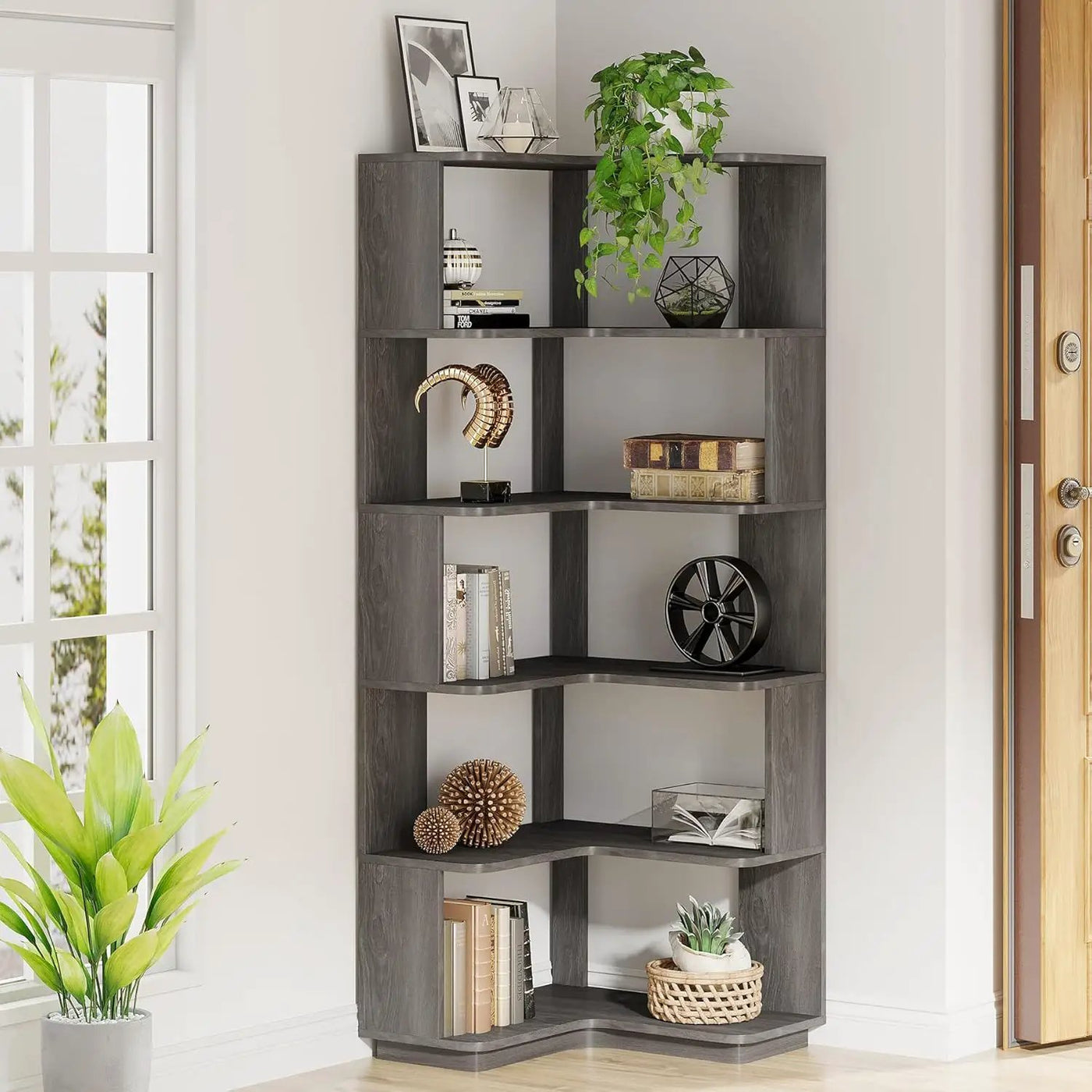 6 Tier Corner Bookshelf, L-Shaped Freestanding Shelf With Anti Drop Panels by HouseOfZazla