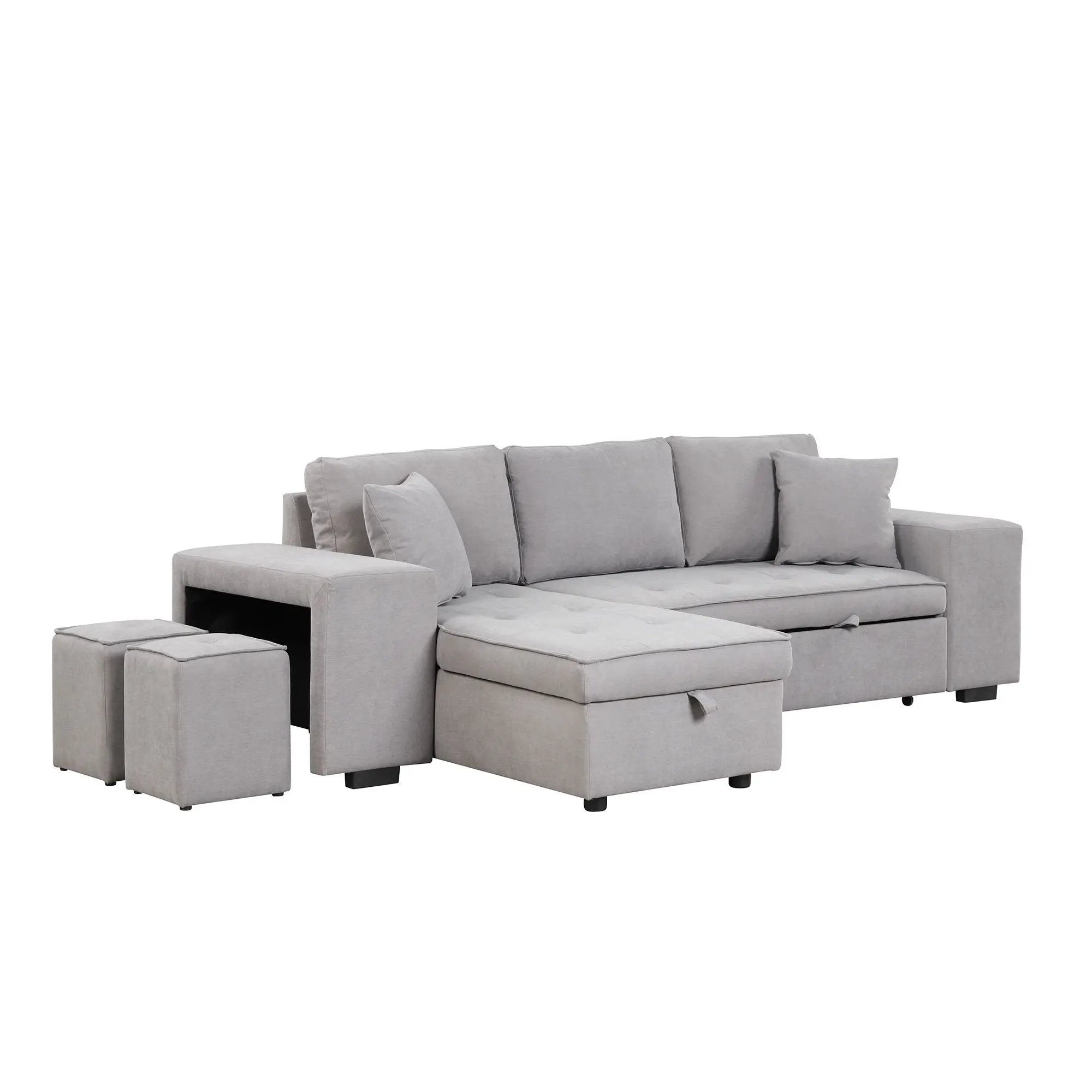 Modern L-Shape 3 Seat Reversible Sectional Couch, Pull Out Sleeper Sofa With Storage Chaise And 2 Stools For Living Room Furniture Set by HouseOfZazla