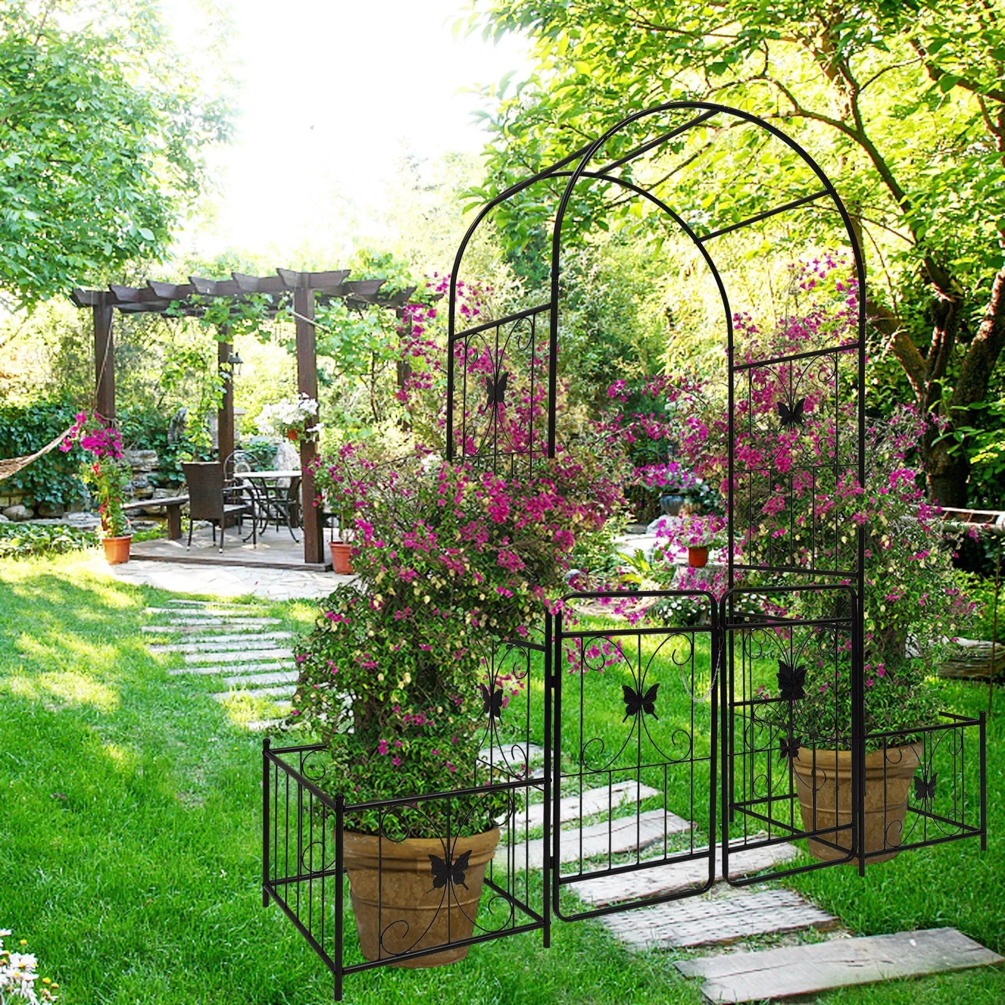 Metal Garden Arch With Gate High Climbing Plants Support Rose Arch Outdoor - Black by Unique Piece Furniture