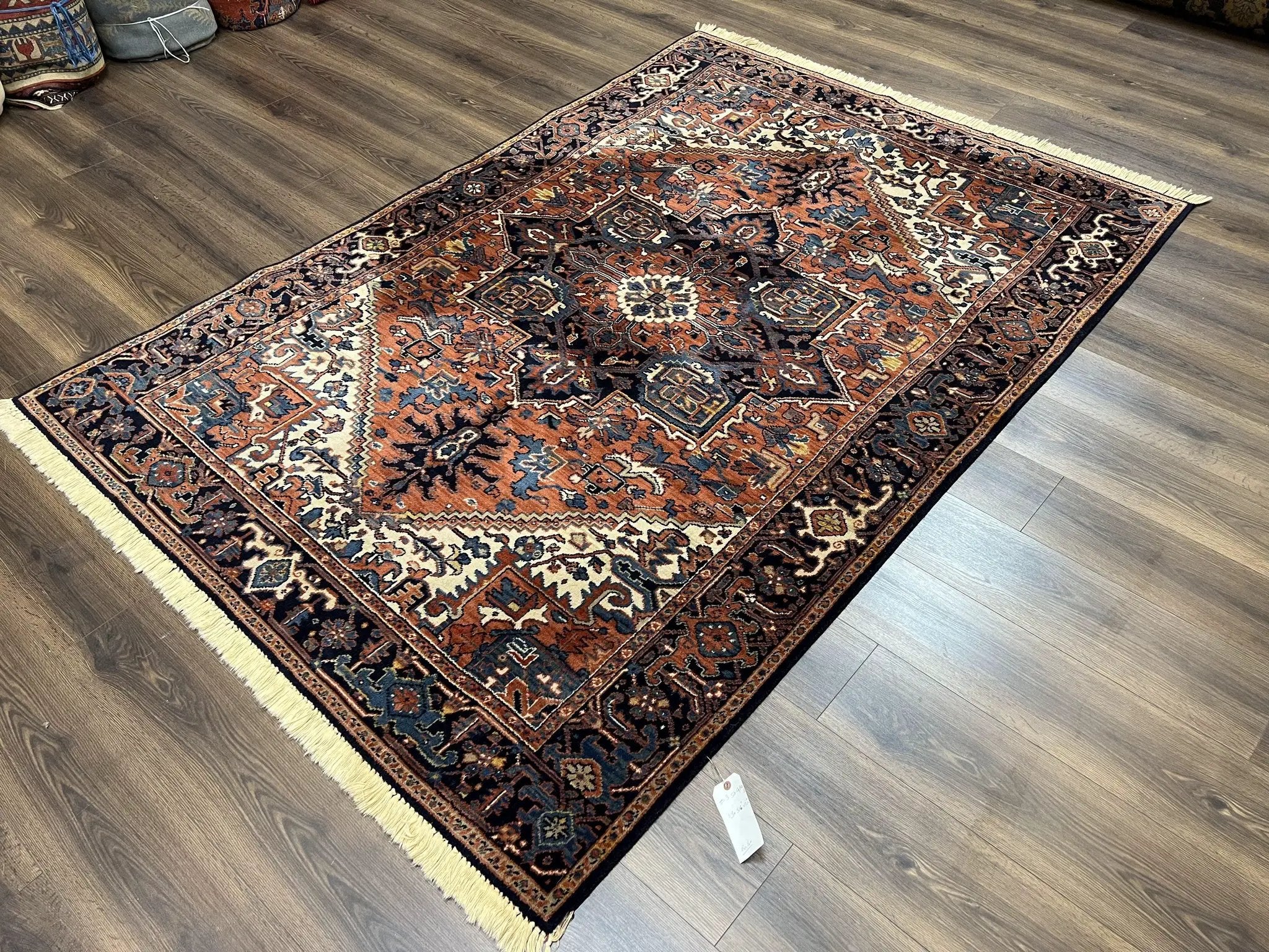 Heriz Rug 5.6 x 8, Geometric Medallion, Wool Oriental Carpet, Tribal Boho Rug, Red Navy Blue Cream, Belgium Power Loomed Rug, Medium Sized by Jewel Rugs