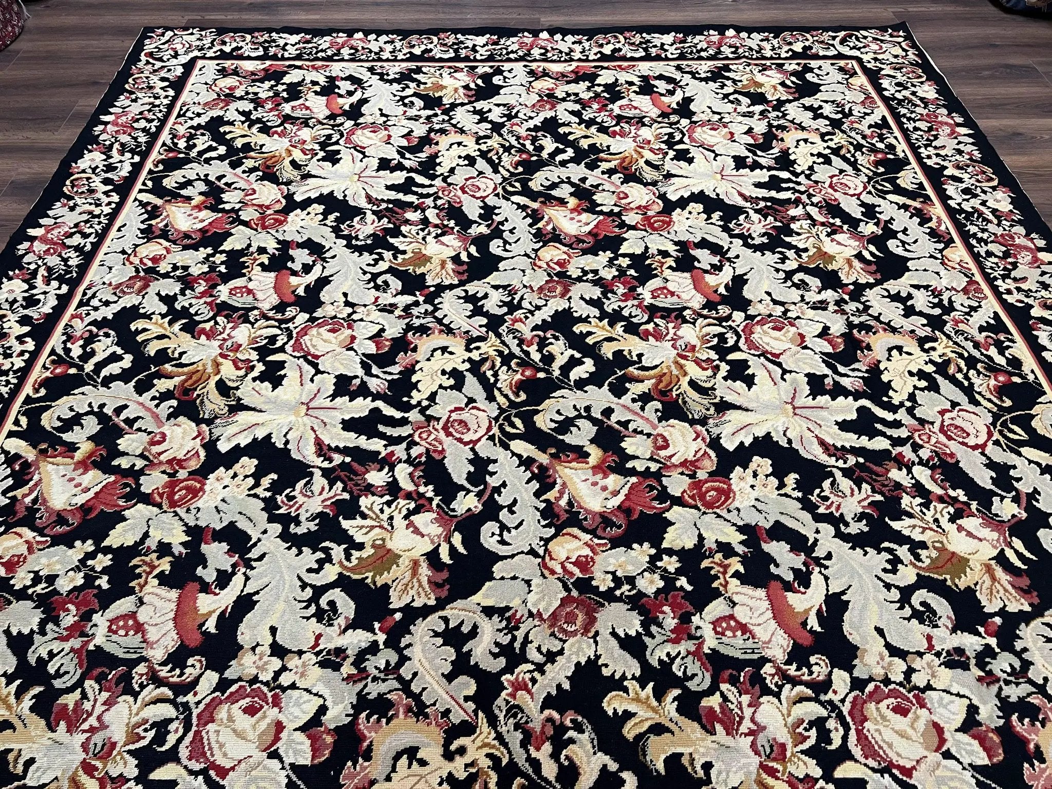 Wool Needlepoint Rug 9x12, William Morris Vintage Chinese Needlepoint Carpet 9 x 12, Handwoven, Allover Floral Area Rug, Black Light Green by Jewel Rugs