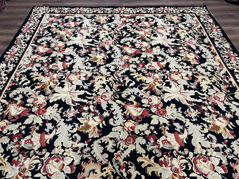 Wool Needlepoint Rug 9x12, William Morris Vintage Chinese Needlepoint Carpet 9 x 12, Handwoven, Allover Floral Area Rug, Black Light Green by Jewel Rugs