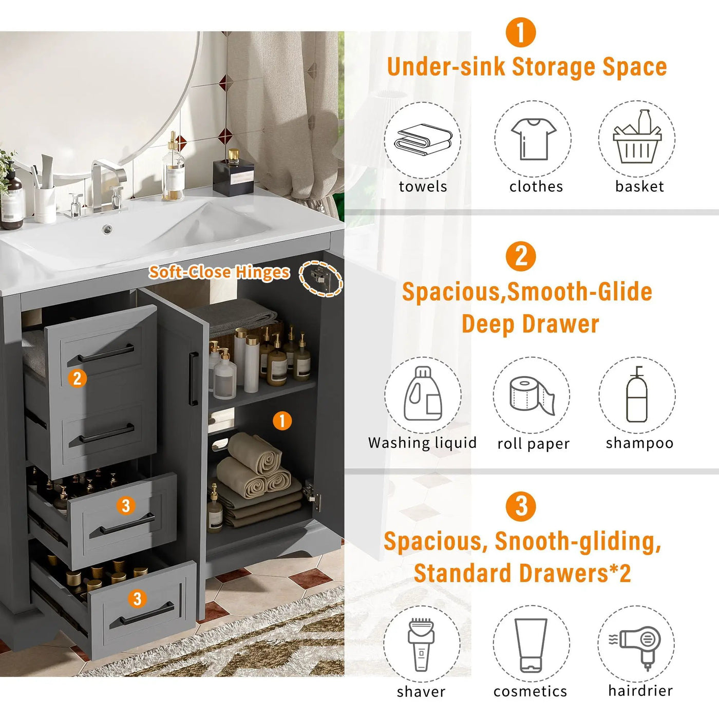 Bathroom Vanity With Sink, Soft Close Doors, Adjustable Shelf & 3 Drawers by Unique Piece Furniture