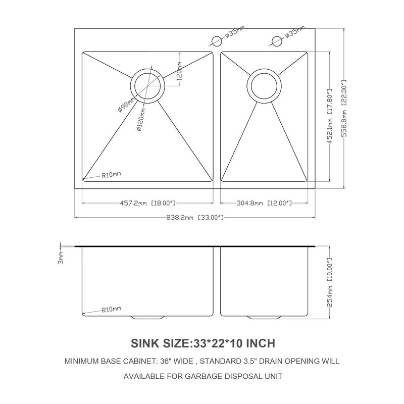 Double Bowl Kitchen Sink 16 Gauge 33" X 22" With 2 10" Deep Basins - Gunmetal Black by HouseOfZazla