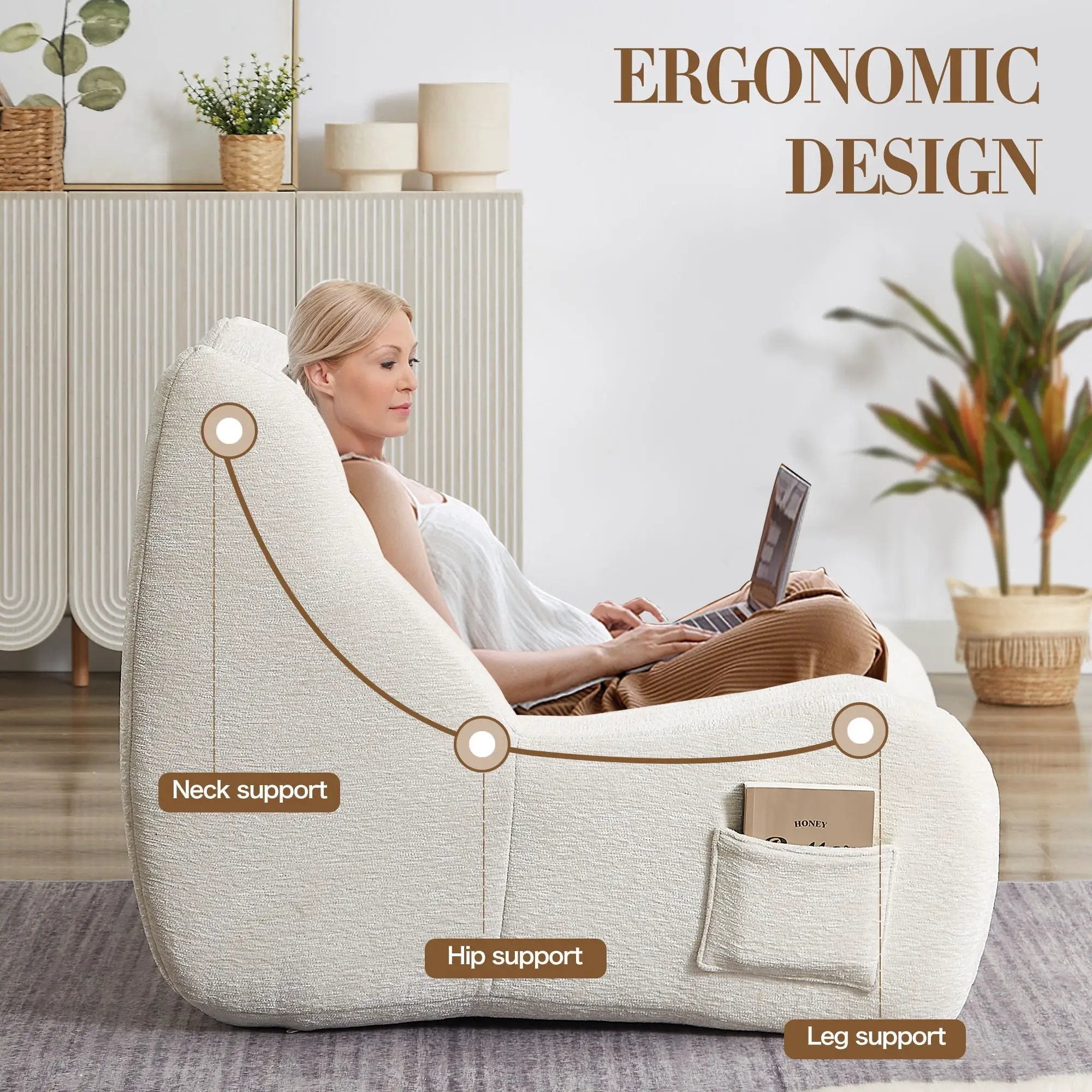 Bean Bag Chair For Adults, Lazy Floor Sofa Couch Memory Foam Bean Bag Sofas Chenille Fabric Reading Chair Comfortable Corner Lounge Sofa For Living Room - White by Unique Piece Furniture