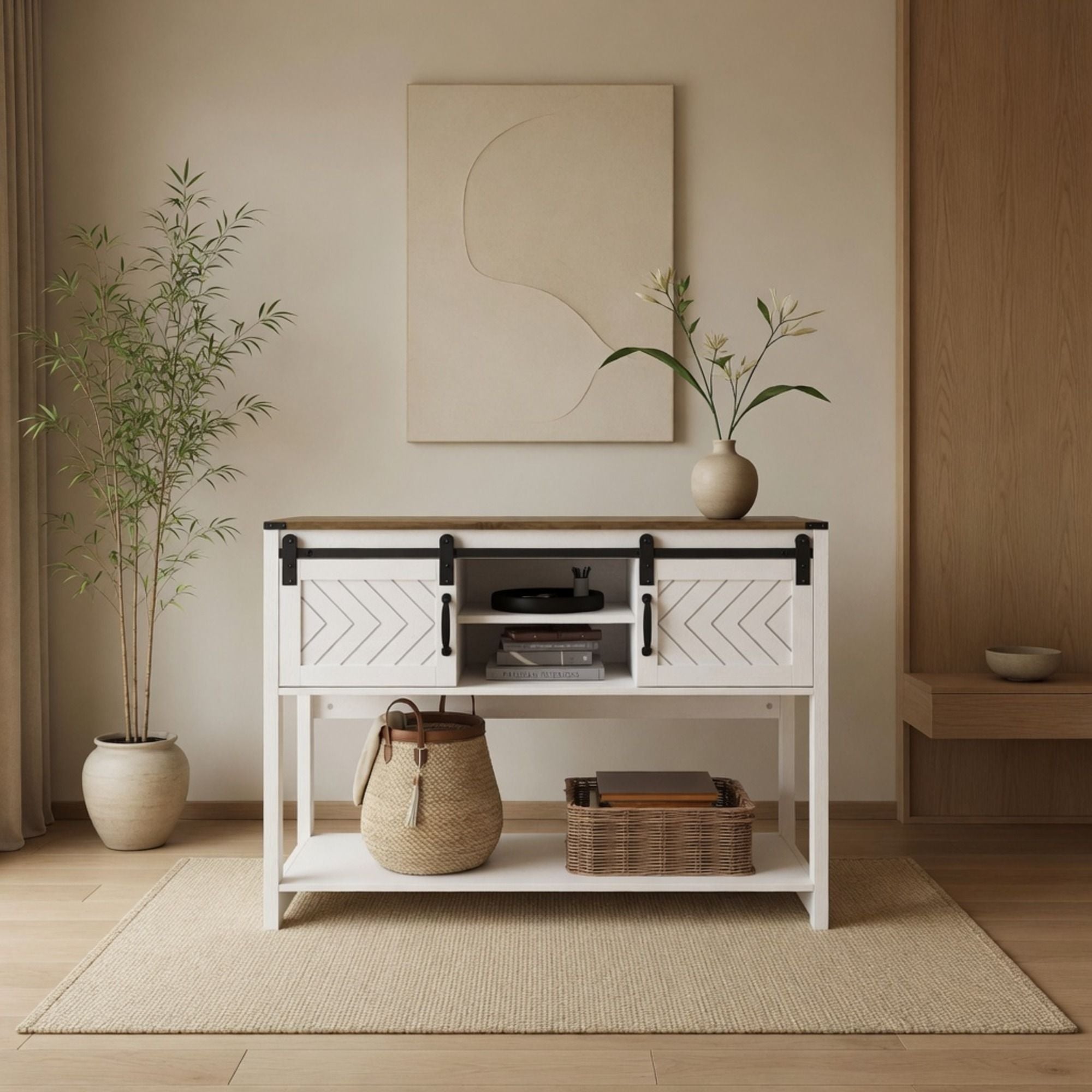 Entryway Table With Sliding Barn Door Storage - White / Oak by HouseOfZazla