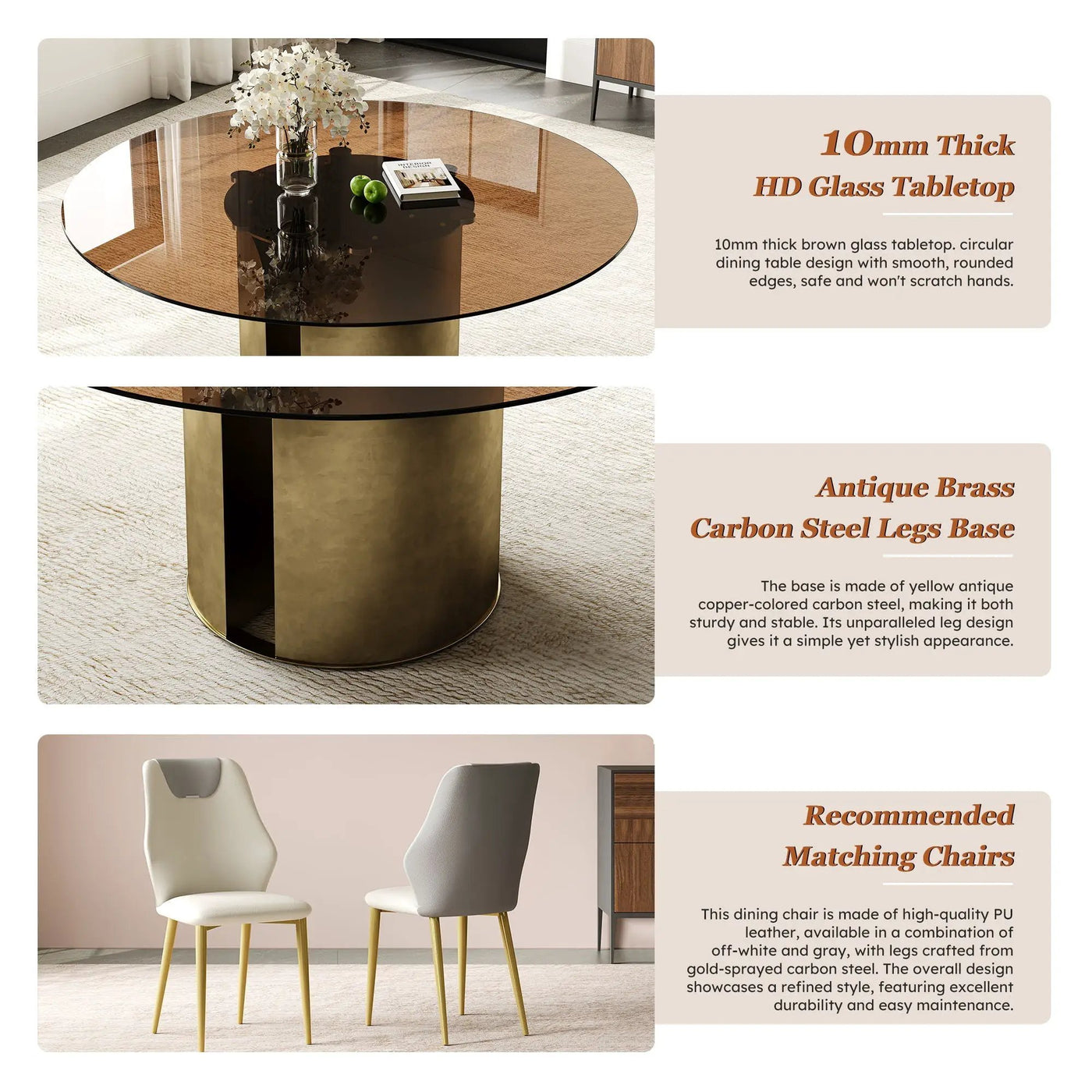 Modern Round Dining Table Set With Glass Top And Steel Legs by HouseOfZazla