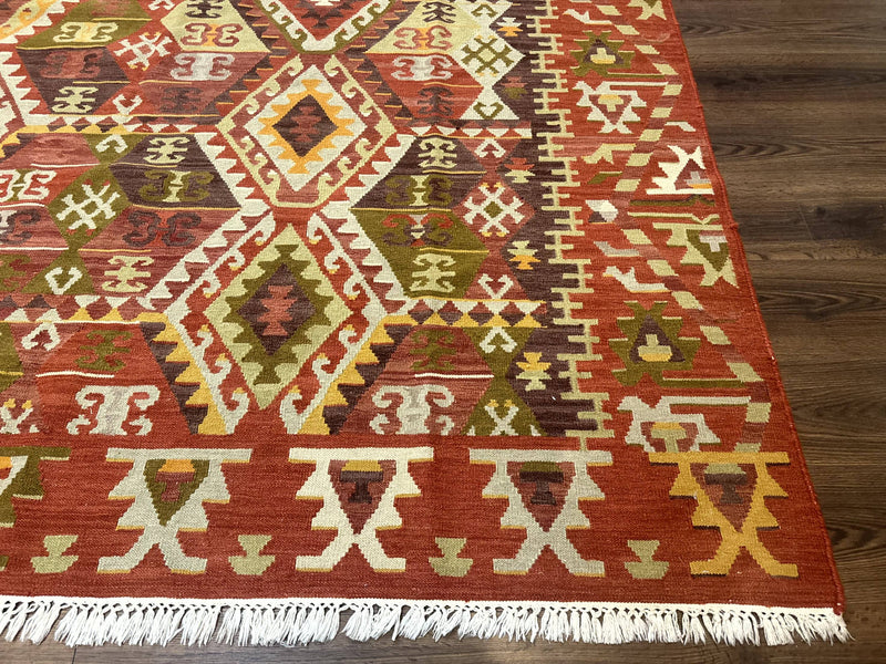 Turkish Kilim Rug 8x10, Geometric Design, Large Kilim Carpet by Jewel Rugs