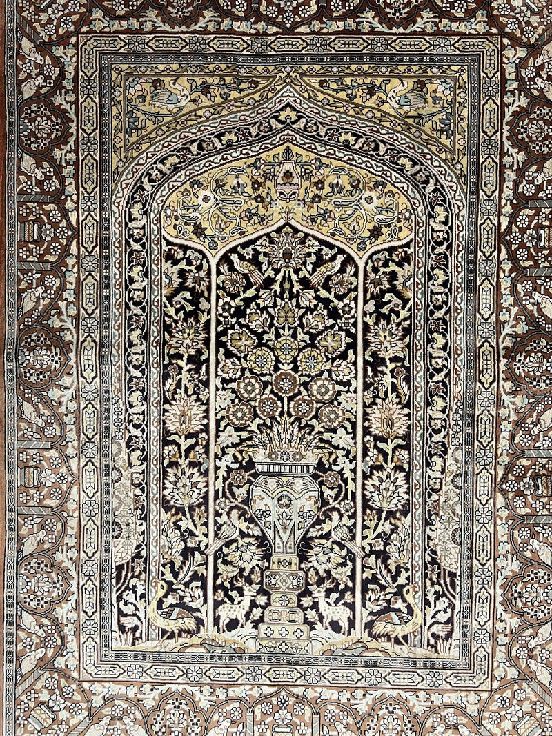 Turkish Silk Hereke Rug 2x3, Floral Vase Tree of Life Birds, Silk Pile on Silk Foundation, Vintage Oriental Carpet, Very Fine, Signature by Jewel Rugs