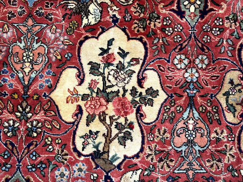 Antique Tabriz Persian Rug 7x10, Red Cream Tan, Unique Design, Fine 270 KPSI, Birds, Floral by Jewel Rugs