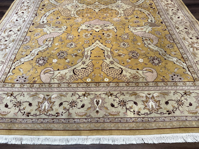 Sino Persian Rug 8x11, Wool with Silk Highlights, Unique Colors, Gold and Light Green, Fine 240 KPSI by Jewel Rugs