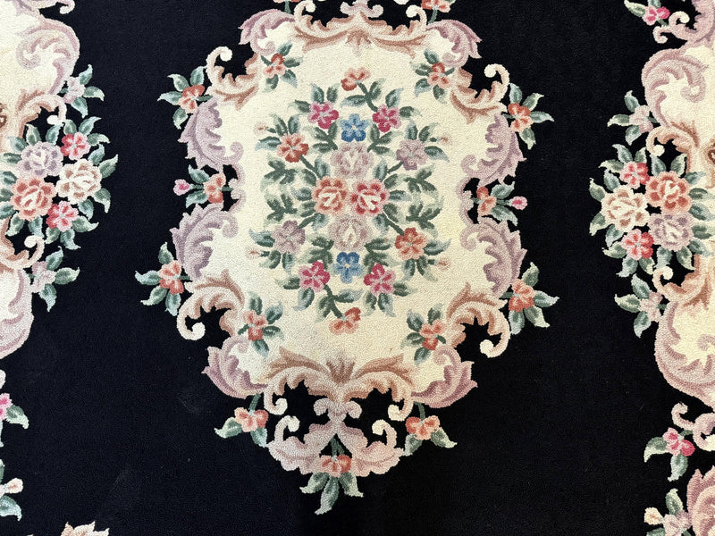 Aubusson Rug 8x11, Black and Ivory, Hooked Rug, Vintage, Wool by Jewel Rugs