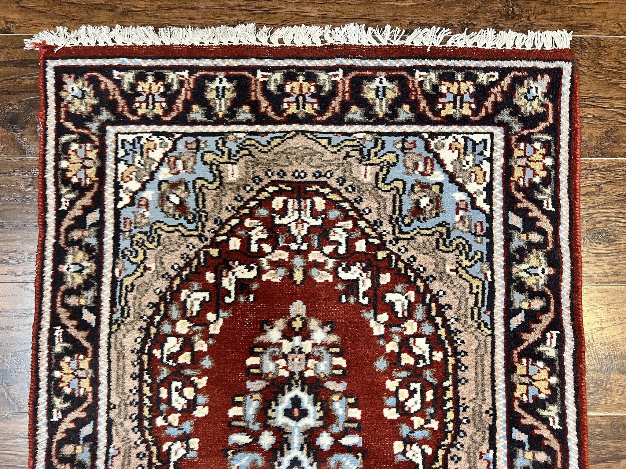 Indo Persian Runner Rug 2.8 x 14.8, Long Indo Kirman Hallway Rug, Red Floral Wool Vintage Handmade Oriental Runner by Jewel Rugs