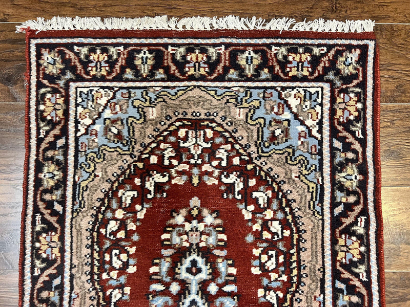 Indo Persian Runner Rug 2.8 x 14.8, Long Indo Kirman Hallway Rug, Red Floral Wool Vintage Handmade Oriental Runner by Jewel Rugs