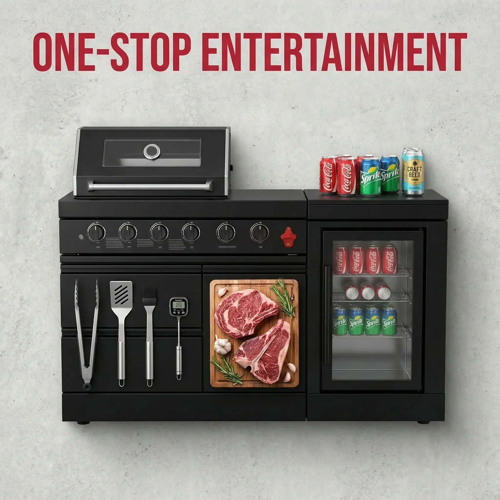 65" 4-Burner 72,000 BTU Black Outdoor Kitchen Island Grill Marble Countertops Wine Cooler by Chery Industrial