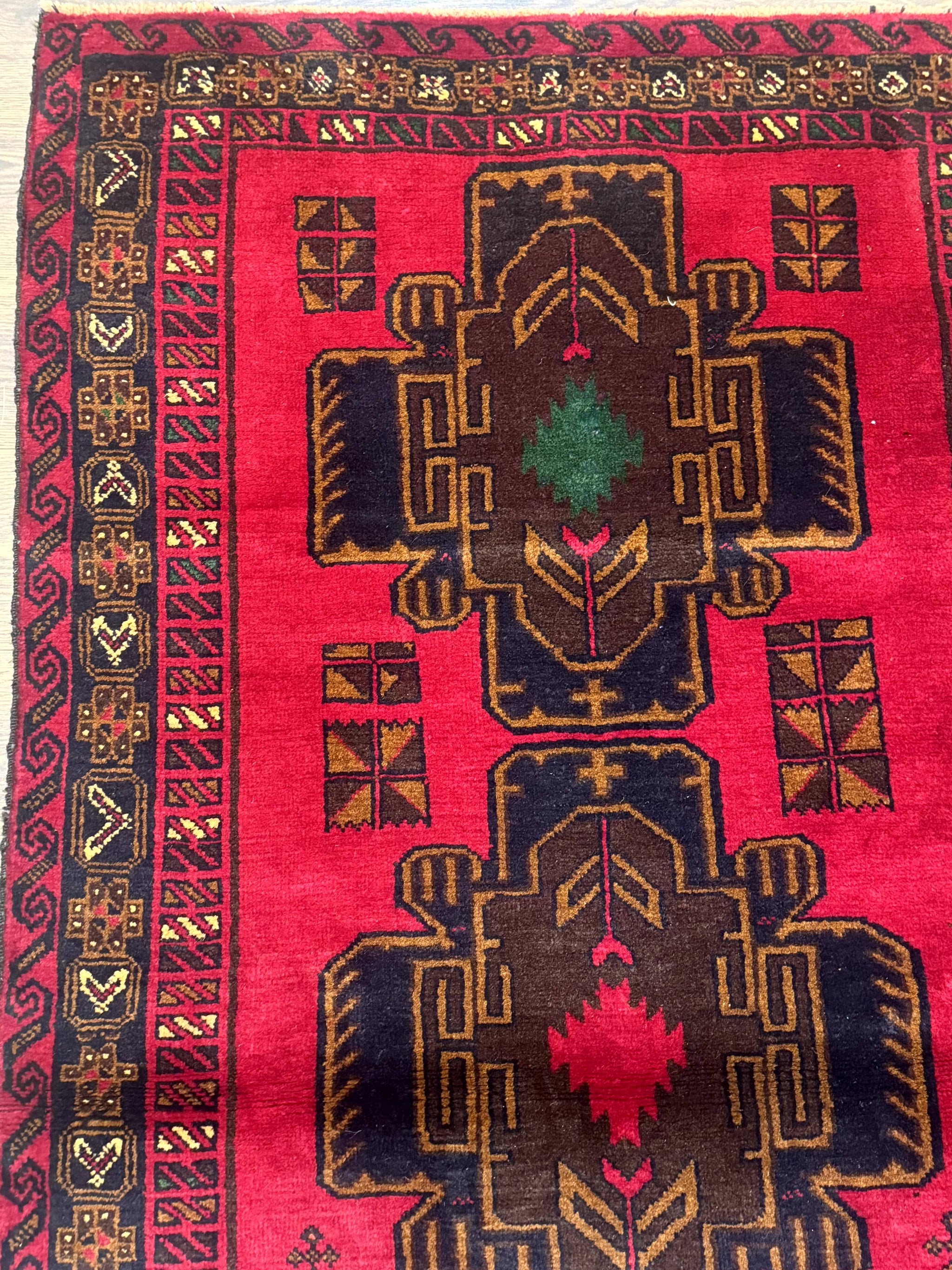 Red Afghan Balouch Rug 4x7, Triple Medallions, Handmade, New by Jewel Rugs