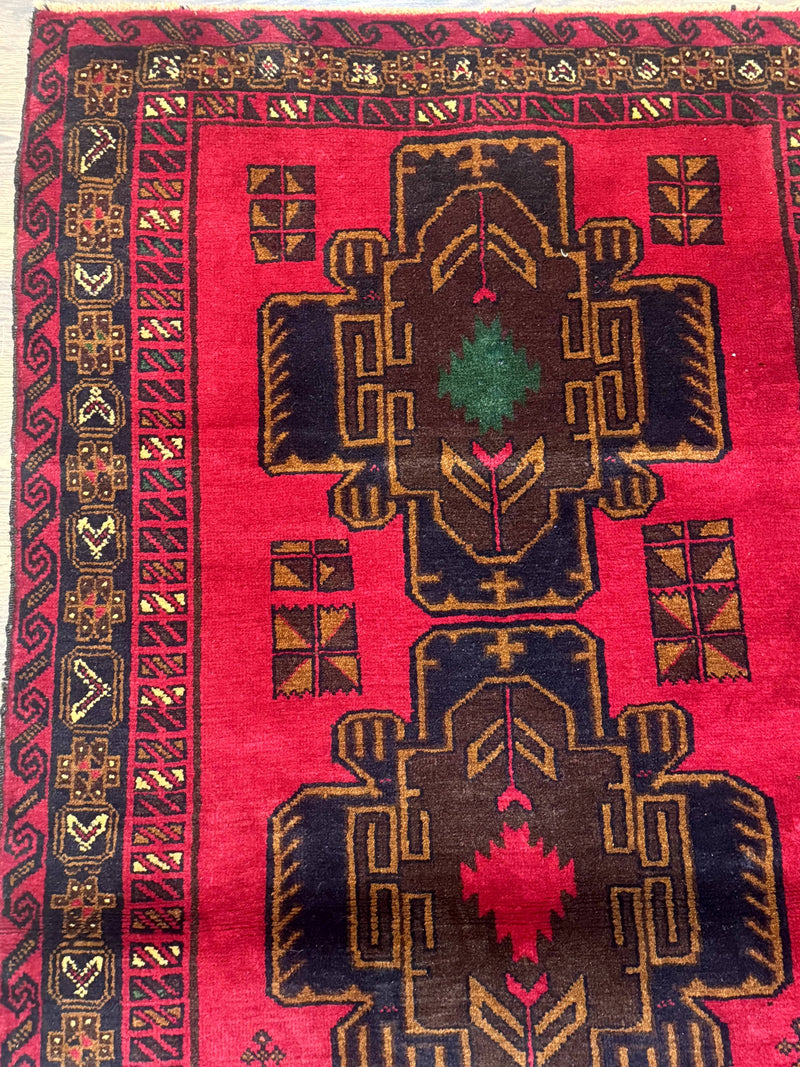 Red Afghan Balouch Rug 4x7, Triple Medallions, Handmade, New by Jewel Rugs