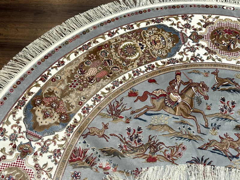 Round Silk Rug 6x6, Hunting Design, Bamboo Silk, Animal Pictorials by Jewel Rugs