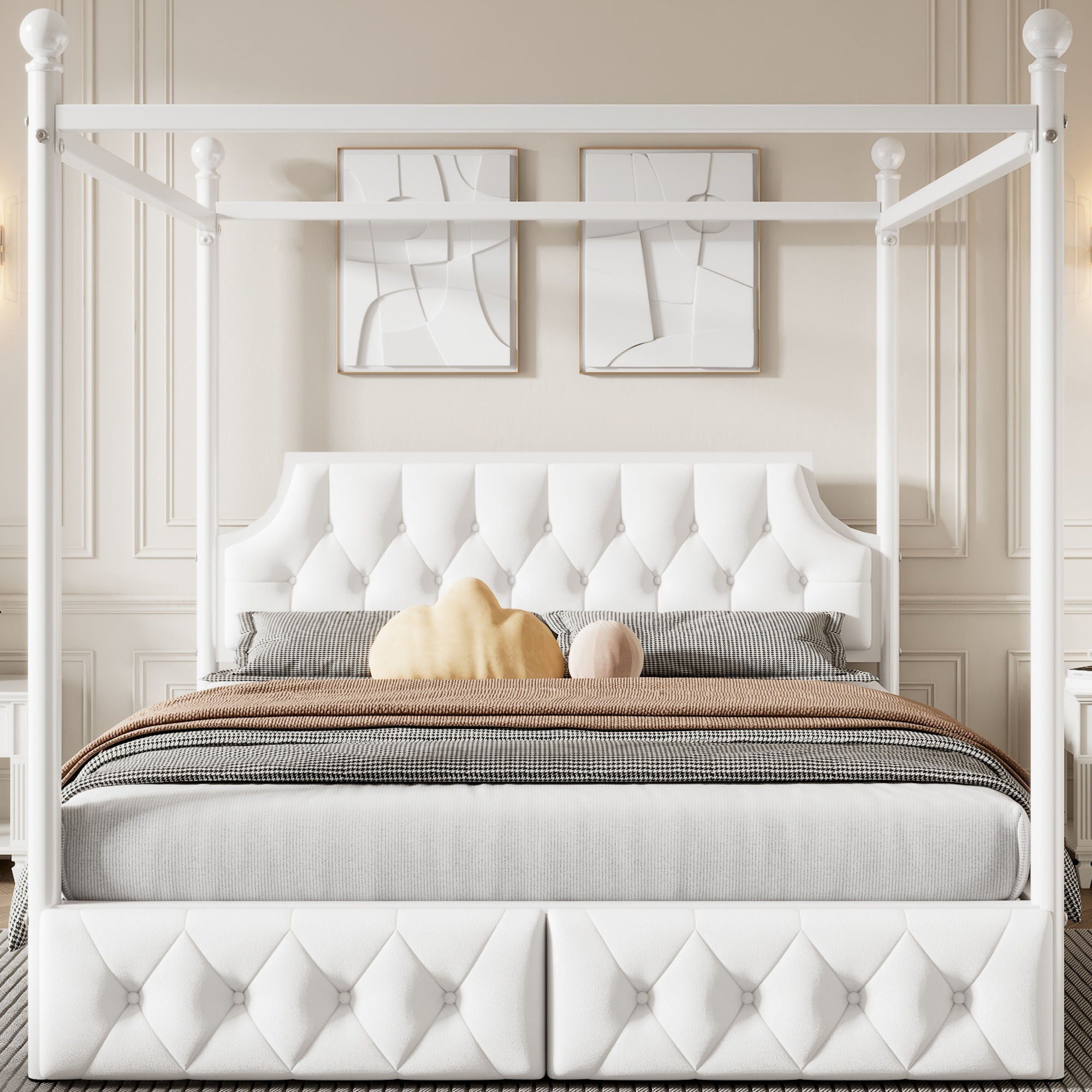 Queen Size Canopy Platform Bed With Upholstered Headboard And 2 Storage Drawers - White by HouseOfZazla