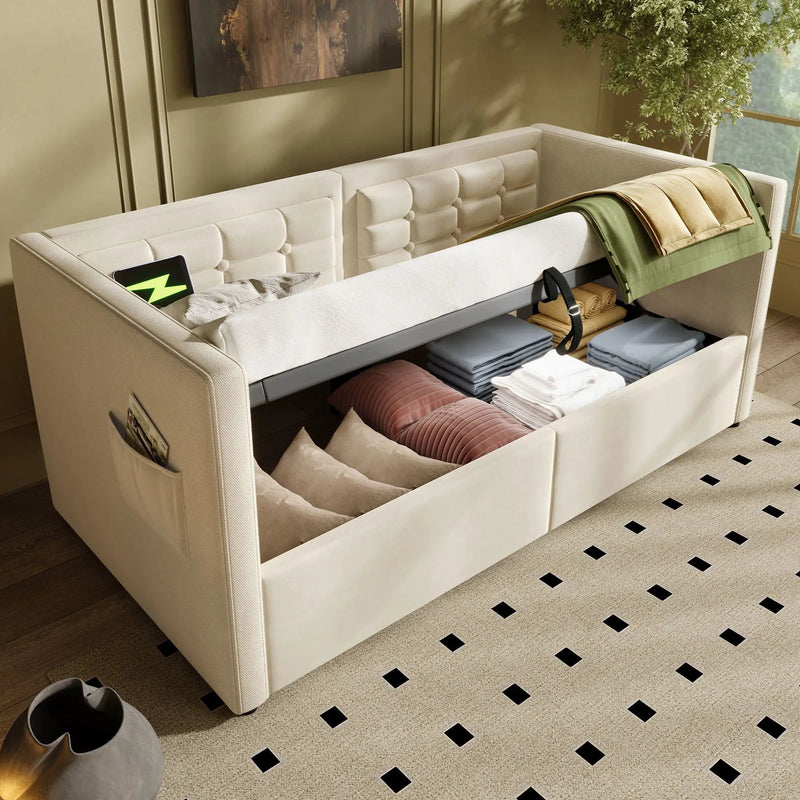 Upholstered Hydraulic Storage Daybed With USB & Type C Charging by HouseOfZazla