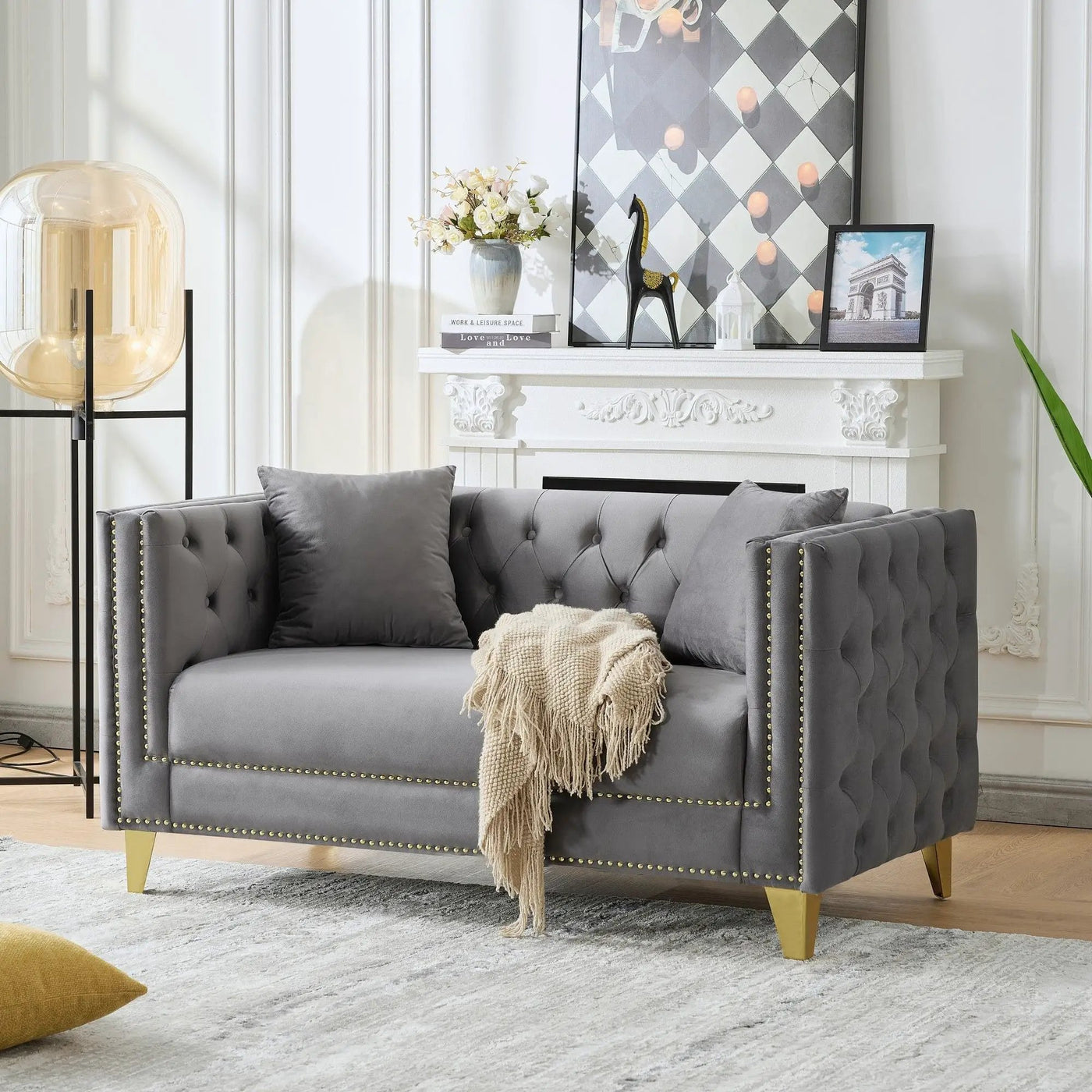 2 Seater Deep Seat Sofa With Button Nailhead, Square Arm by Unique Piece Furniture