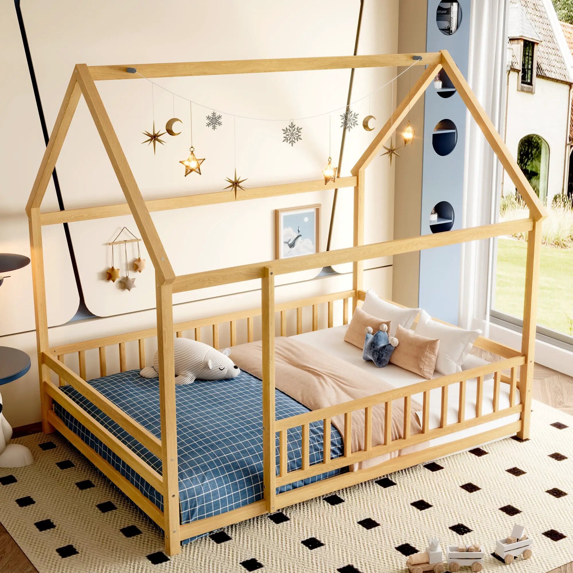 Full Size Floor Wooden Bed with House Roof Frame by HouseOfZazla