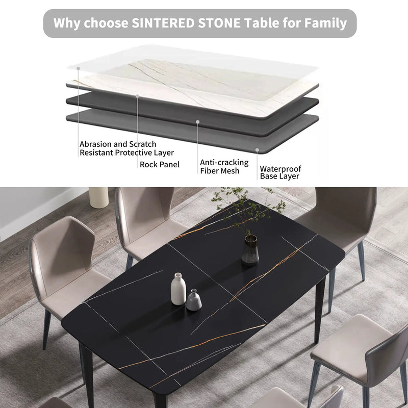 63" Artificial Stone Black Curved Black Metal Leg Dining Table, 6 People - Black by HouseOfZazla
