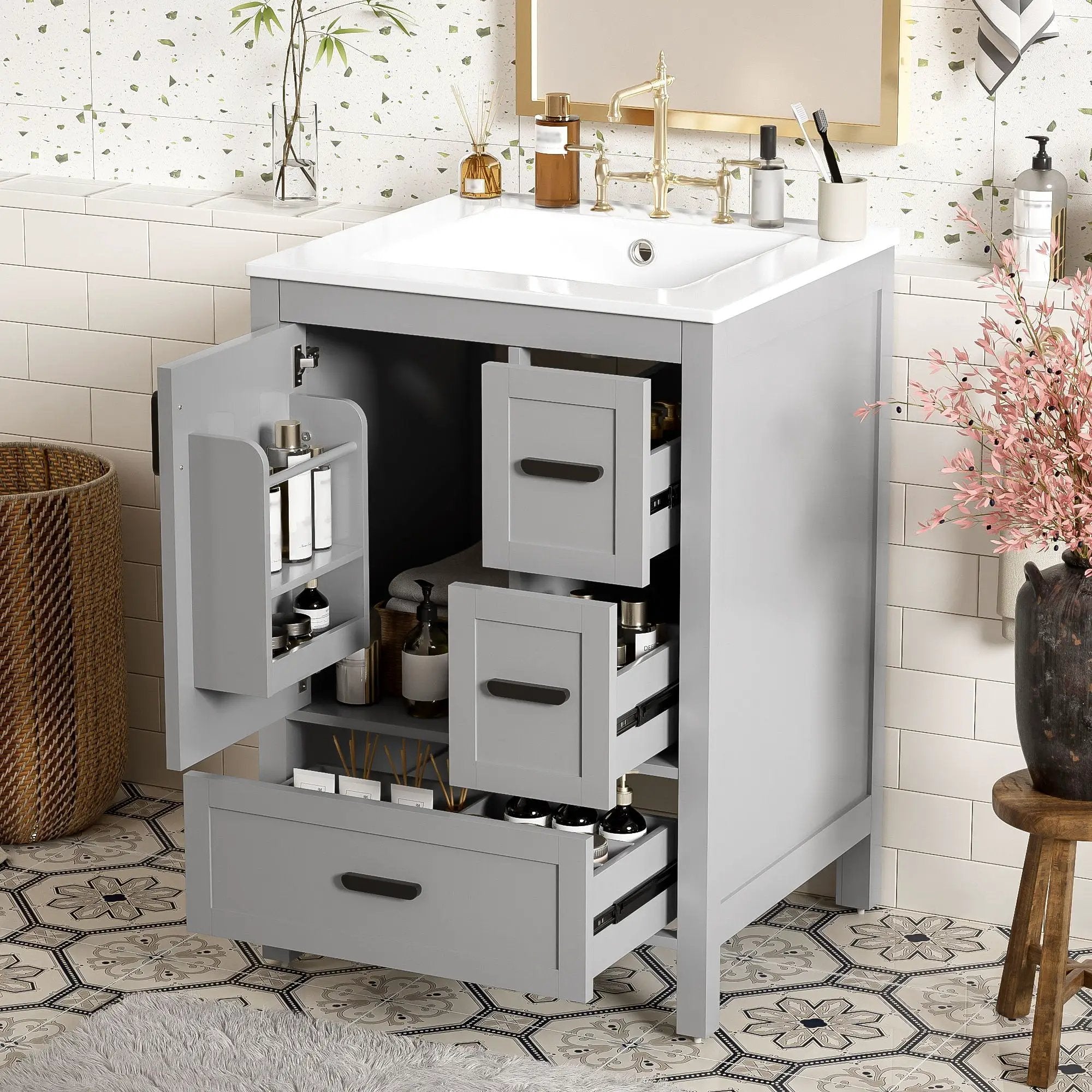 Bathroom Vanity With Sink, Soft Close Door, Double Layer Door Shelf And 3 Drawers - Gray by HouseOfZazla