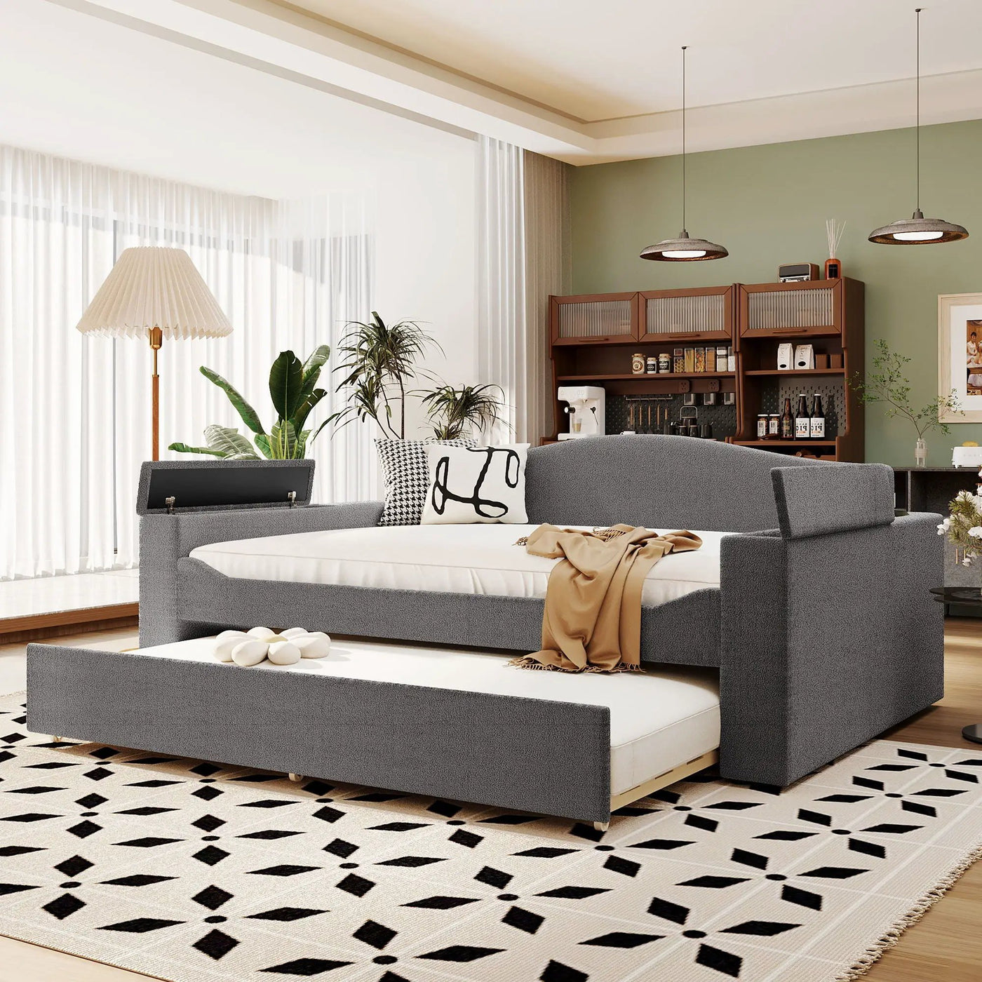 Upholstered Daybed With Storage Armrests, Trundle And Latest Integrated tooth Audio System by HouseOfZazla