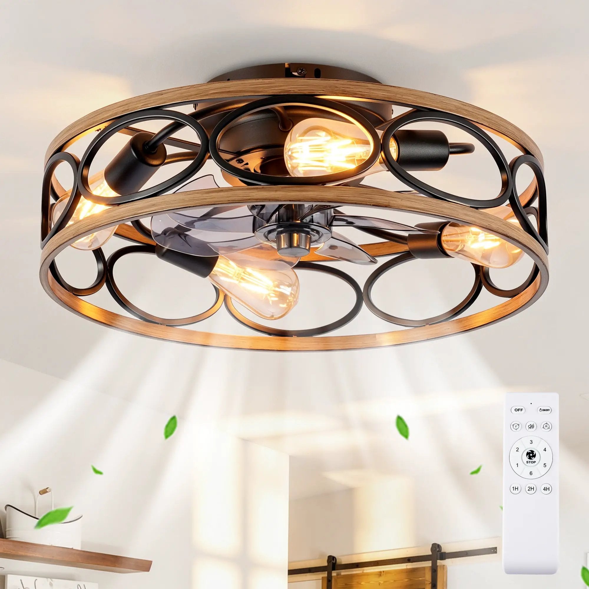 19-Inch 7-Blade Caged Flush Mount Ceiling Fan with Remote Control by HouseOfZazla