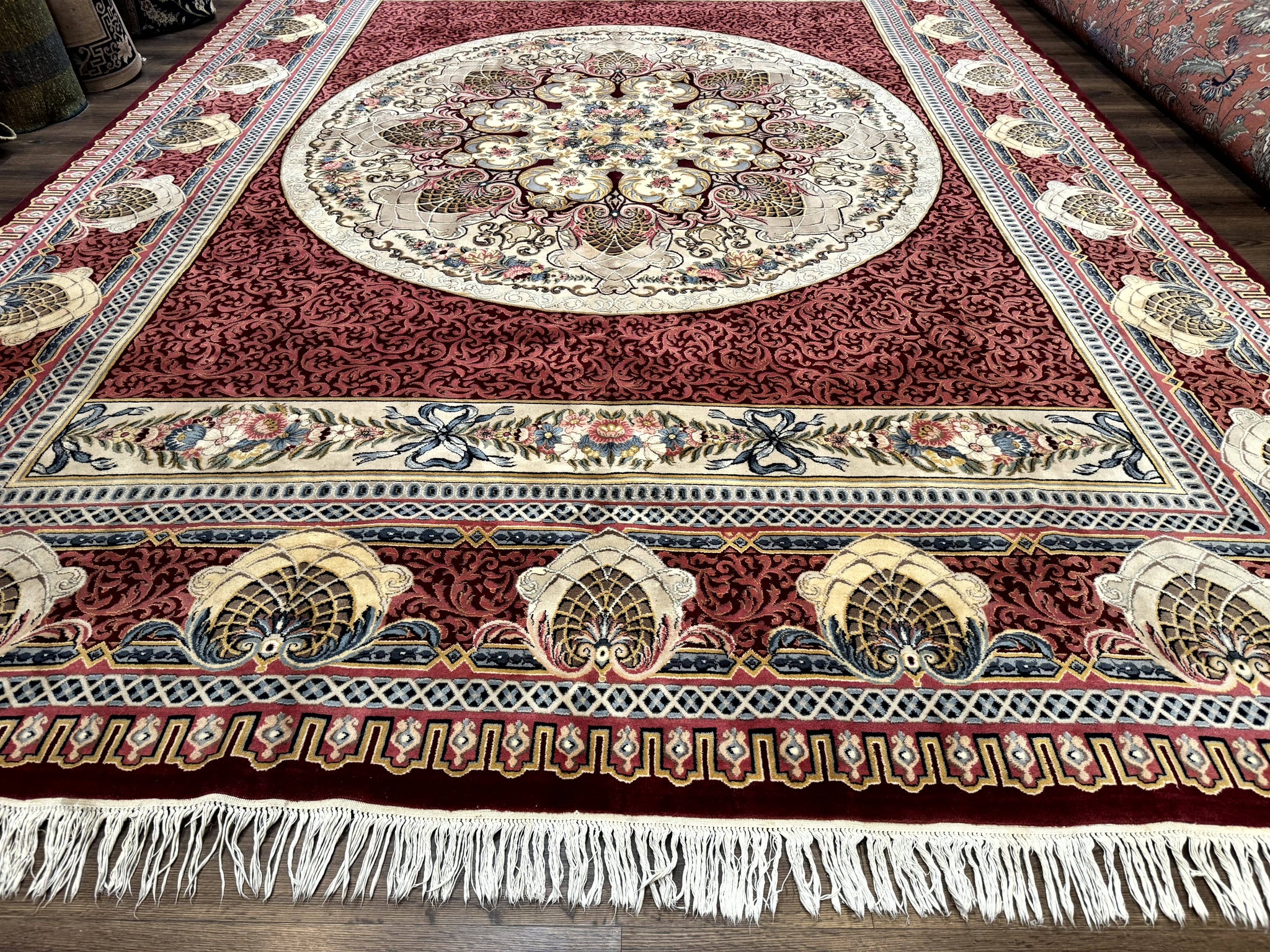 Wonderful Aubusson Rug 10x14, Red Maroon, Elegant, Fine 200 KPSI by Jewel Rugs