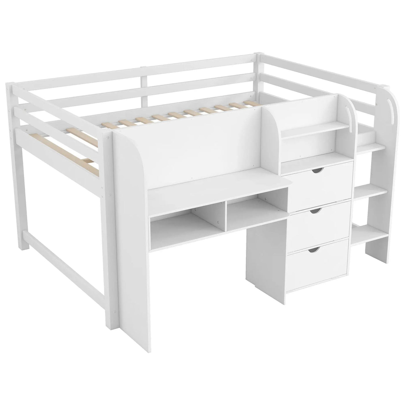 Low Loft Bed With Built In Desk, Storage Cabinets, Open Bookcase And Doodle board by HouseOfZazla