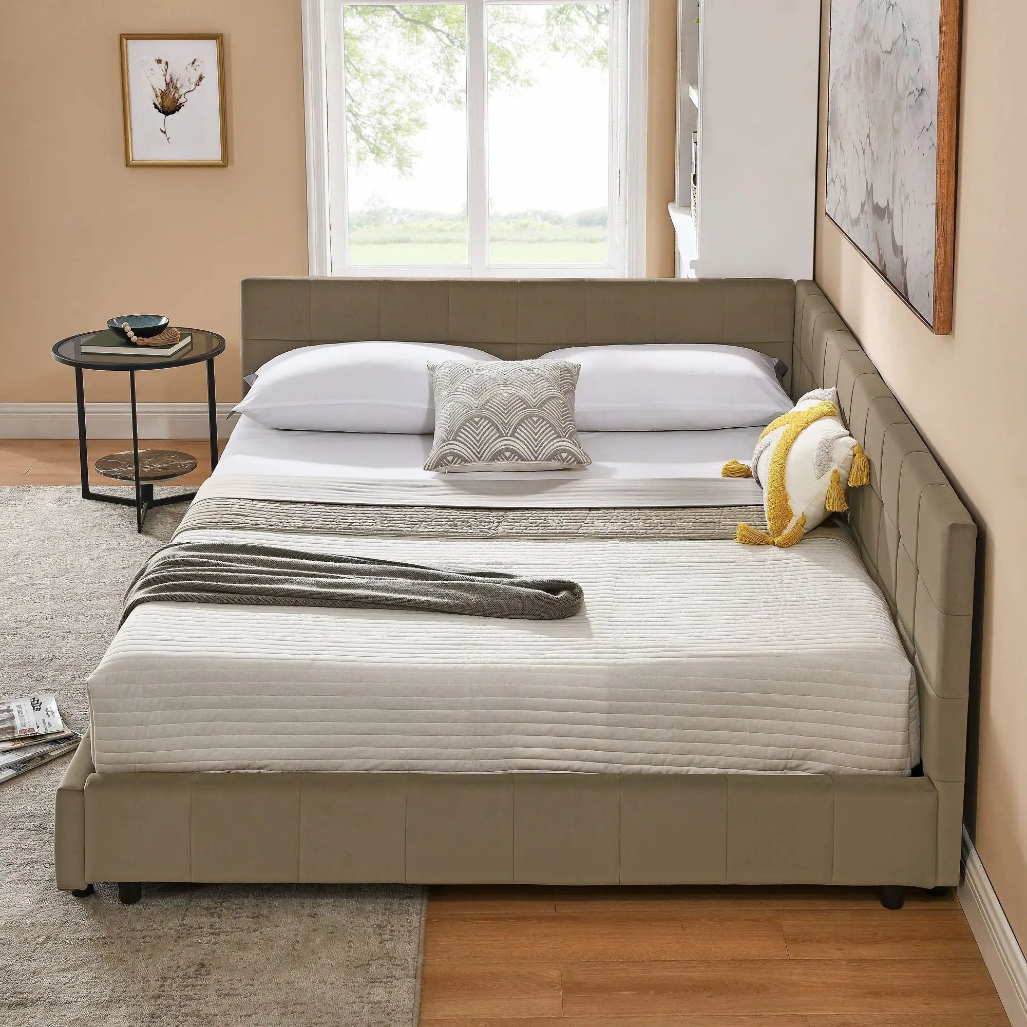 Mid-Century Storage Upholstered Tufted Bed Frame With Backrest And Armrests by Unique Piece Furniture