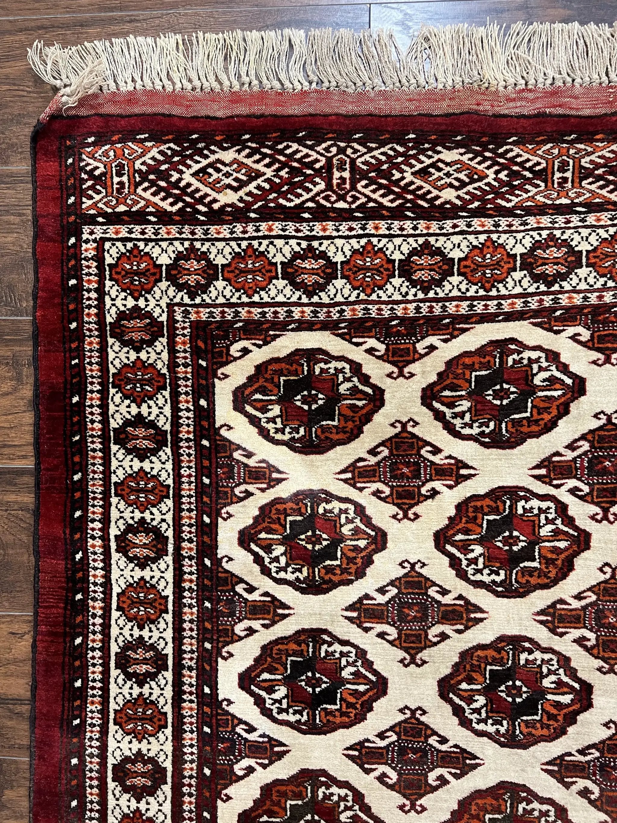 Persian Turkoman Rug 7x8, Almost Square Rare, Hand Knotted, Yamud, Bohemian Rug, Handmade Tribal Rug, Cream Red, Handmade Oriental Carpet by Jewel Rugs