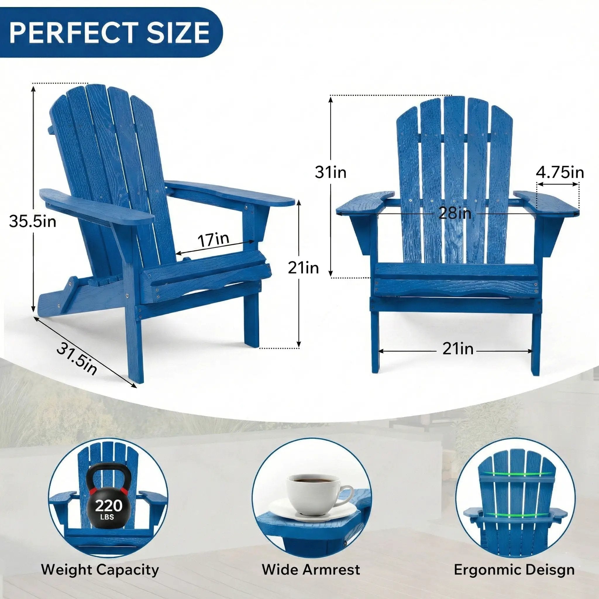 Outdoor Folding Adirondack Chair With Pre-Assembled BackRest & SeatBoard Patio - Navy Blue by HouseOfZazla