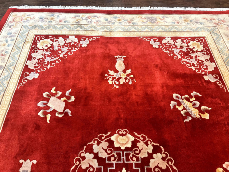 Chinese Wool Rug 8.6 x 11, Red and Beige Asian Oriental Carpet, Plush Pile, Vintage Handmade Chinese Carving Sculpted Rug, Semi Open Field by Jewel Rugs