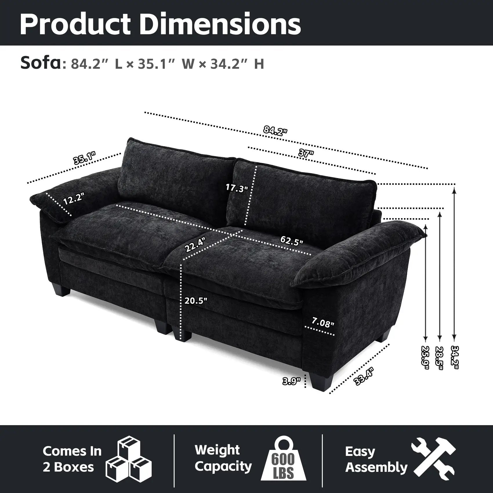 Living Room Furniture Big Loveseat Luxury Couch with Soft Chenille Upholstered Sofa Black by HouseOfZazla