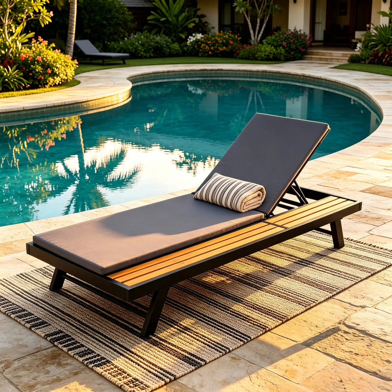 Black Iron + Teak Finish Outdoor Chaise Lounge Set by HouseOfZazla