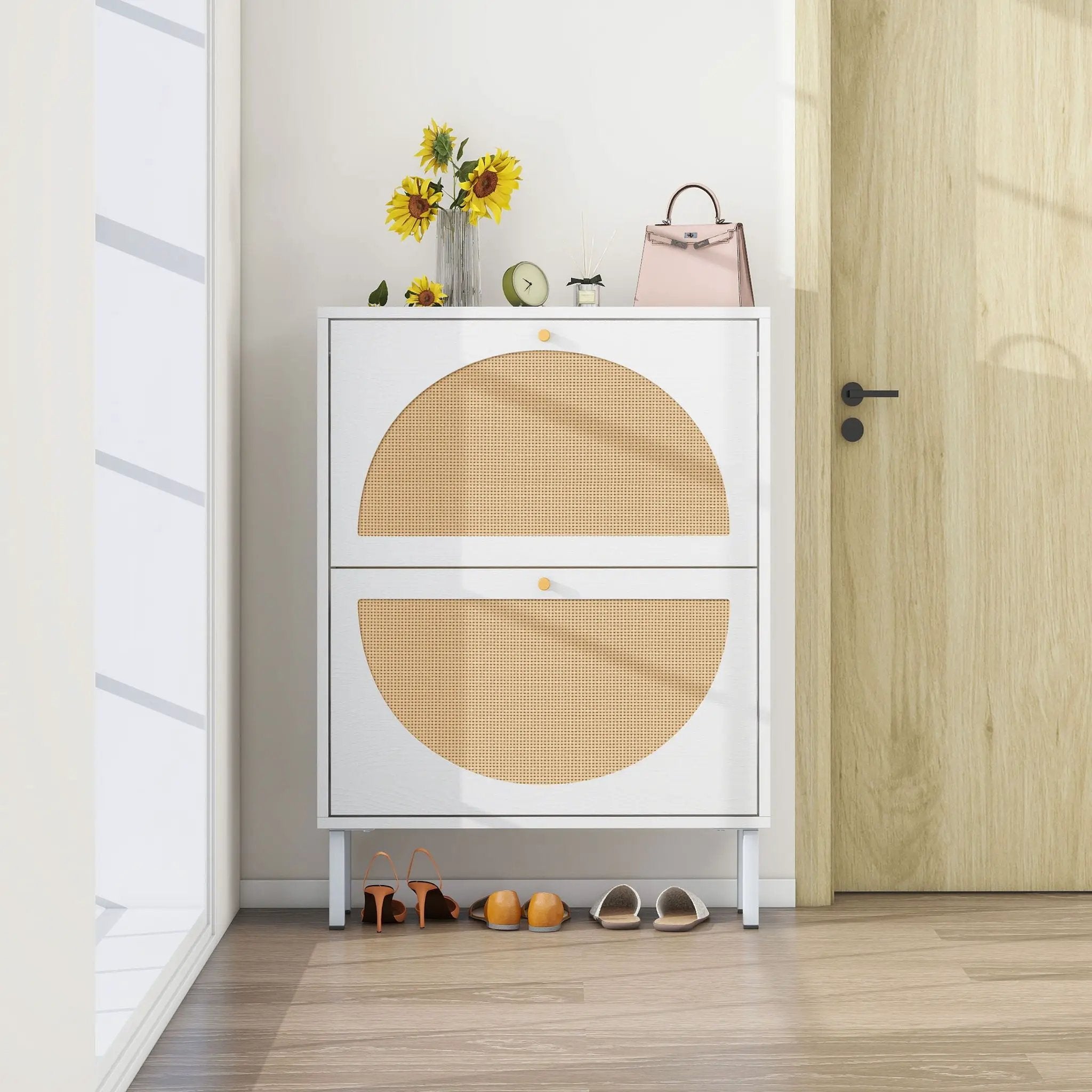 2 Door Shoe Rack, Rattan, Double Layer, Suitable For Living Room, Hallway - White by Unique Piece Furniture